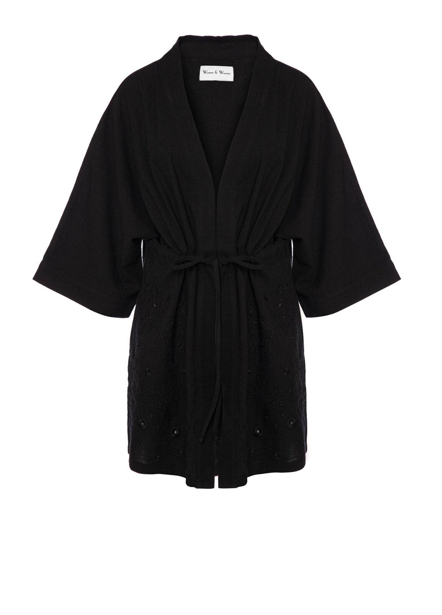 Alexandria Keten Karışımlı Nakışlı Siyah Kadın Kısa Kimono