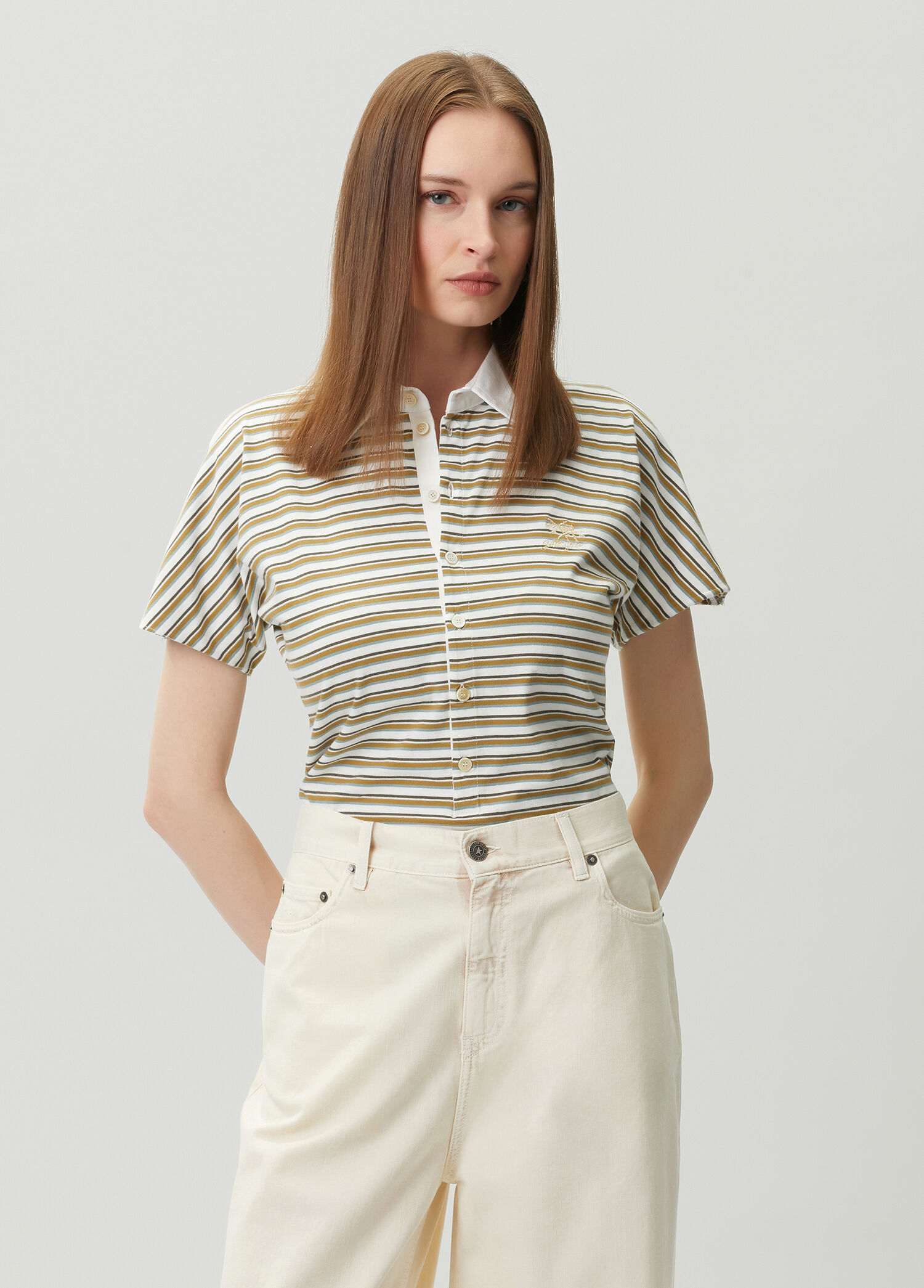 Kırık Beyaz Çizgili Polo T-shirt