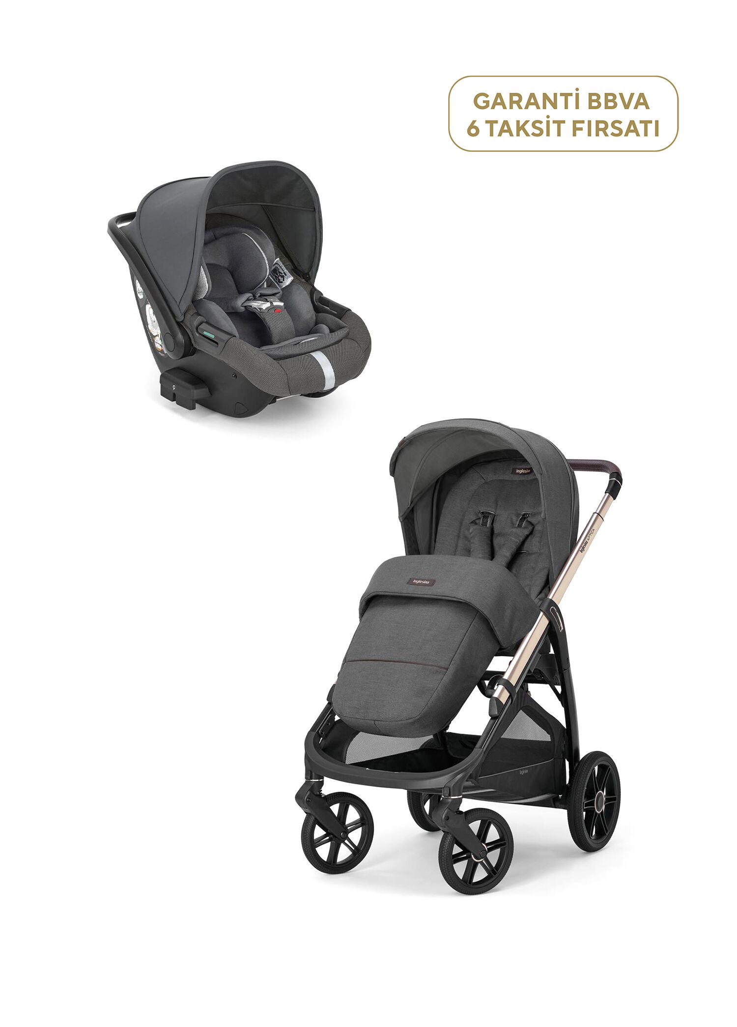 Aptica Glam Velvet Grey Tek Elle Katlanabilen Çift Yönlü Bebek Arabası ve Ana Kucağı Set