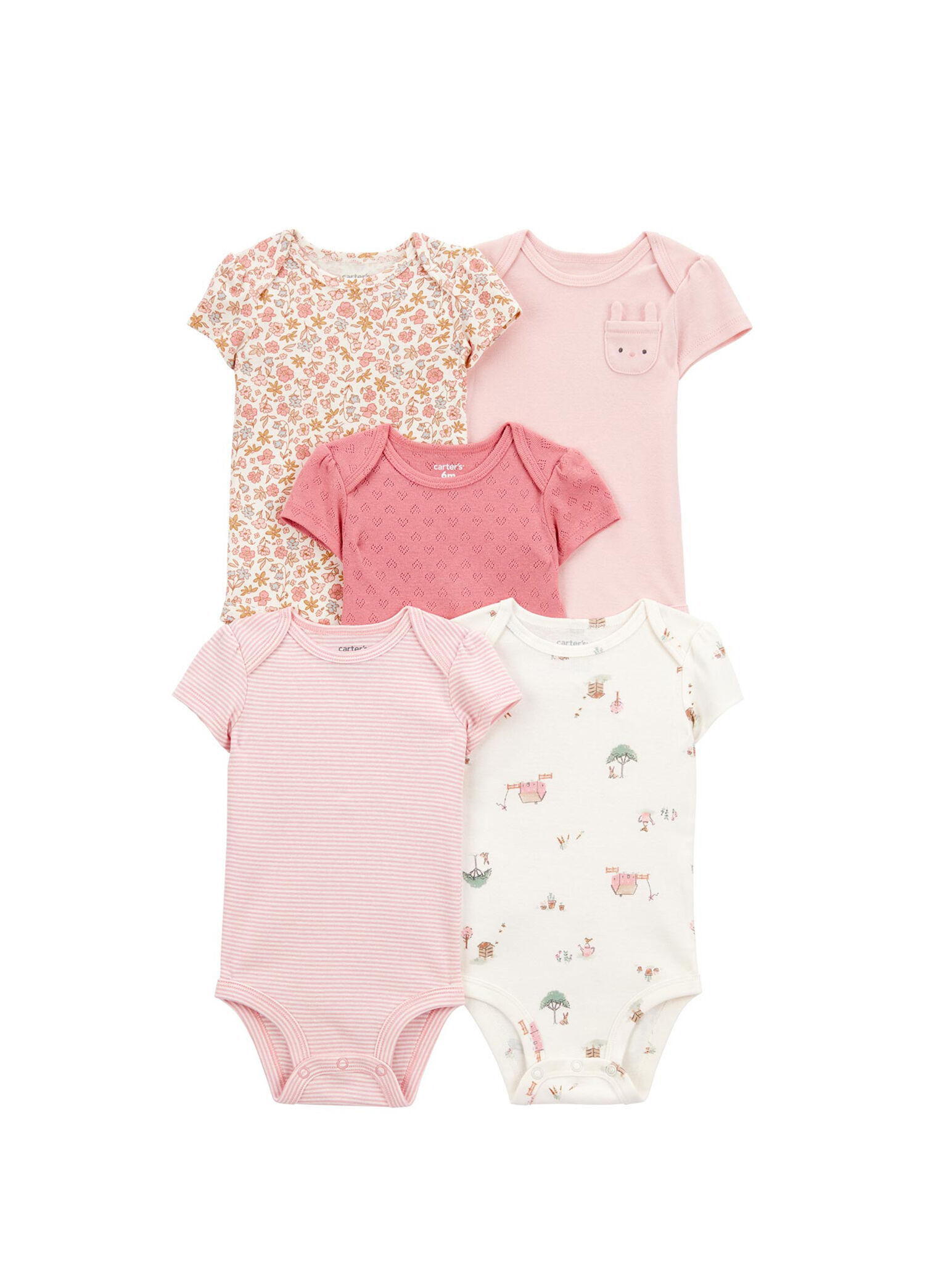 Pembe Pamuklu Çıtçıtlı Kısa Kollu Kız Bebek 5'li Body Seti