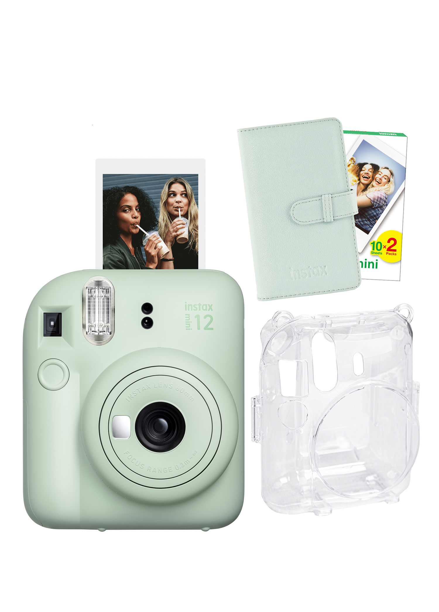 Instax Mini 12 Yeşil Fotoğraf Makinesi + 20'lu Film Laporta Albüm ve Şeffaf Kılıf Seti