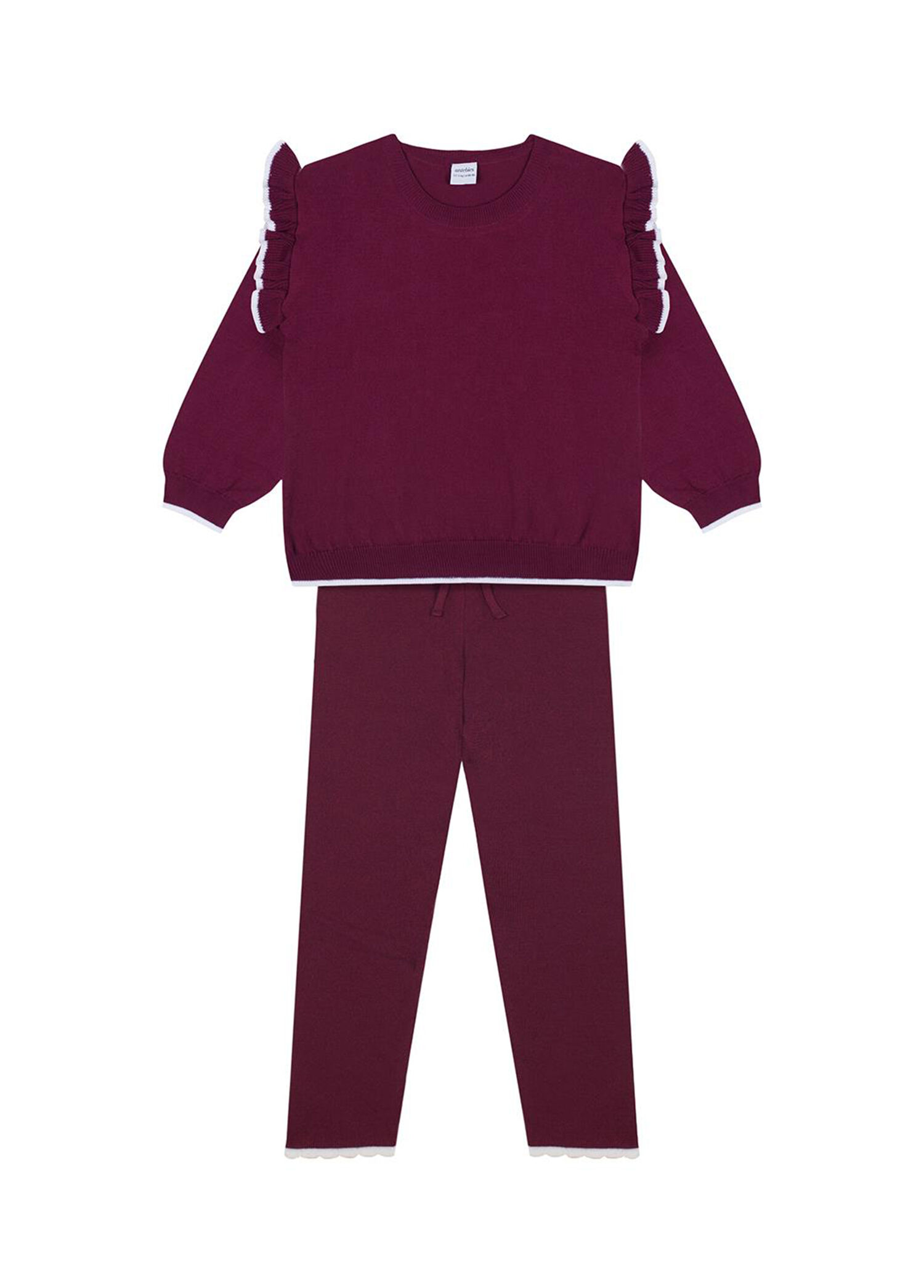Beyaz Fırfırlı Bordo Triko Sweatshirt Tayt Kız Çocuk Takım