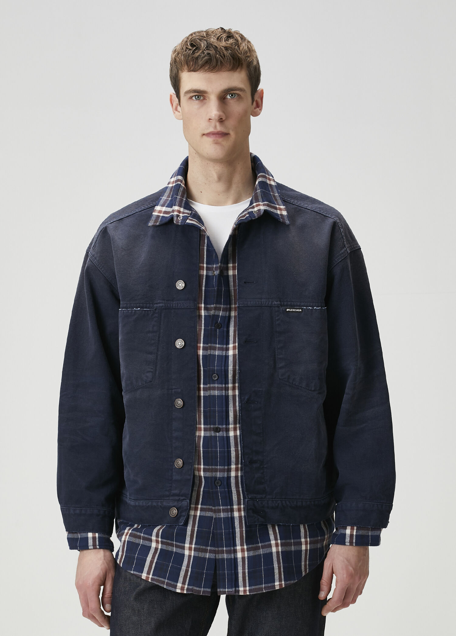 Lacivert Ekose Desen Garnili Denim Ceket