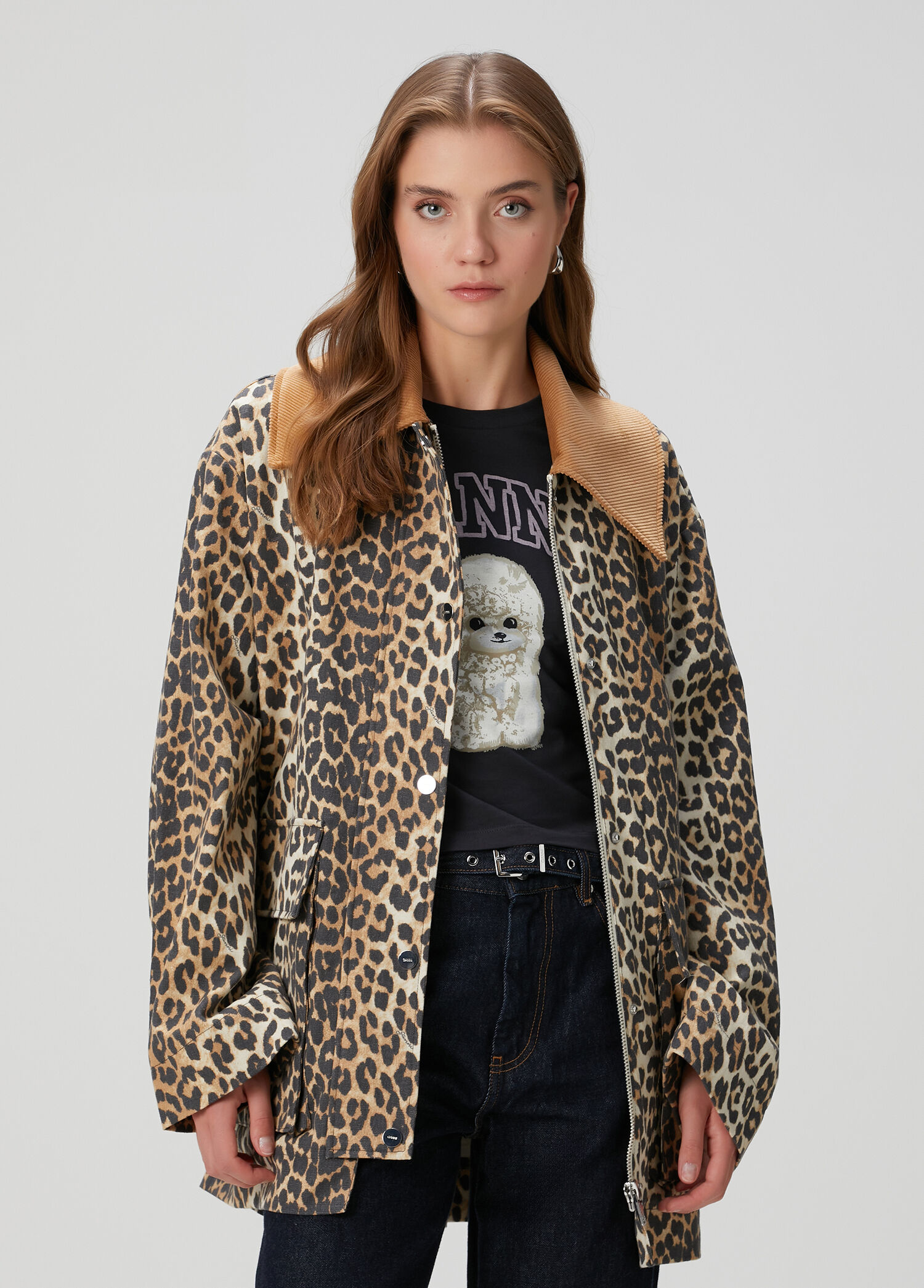 Leopar Desenli Kanvas Ceket