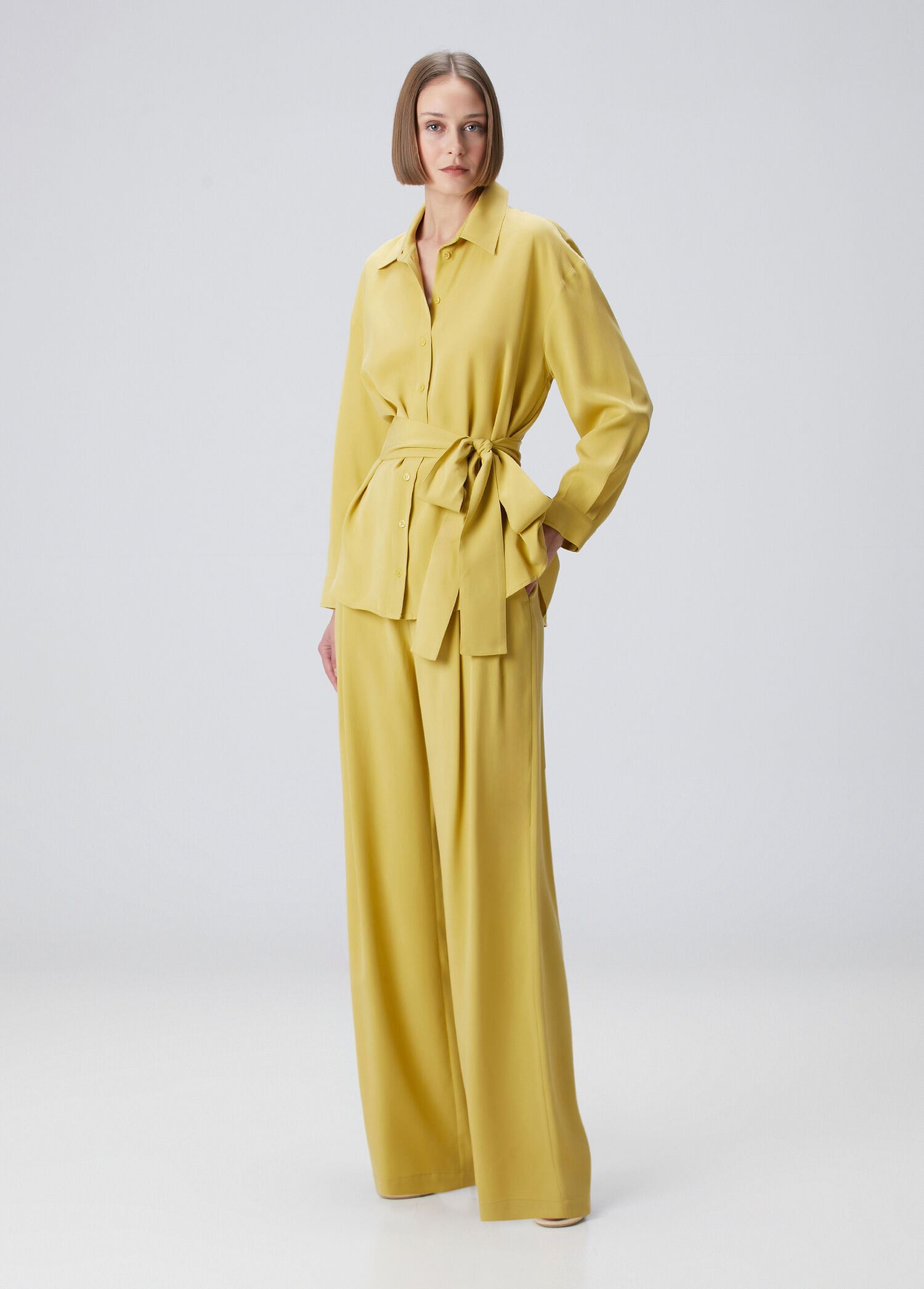 Yağ Yeşili Dökümlü Wide Leg Pantolon