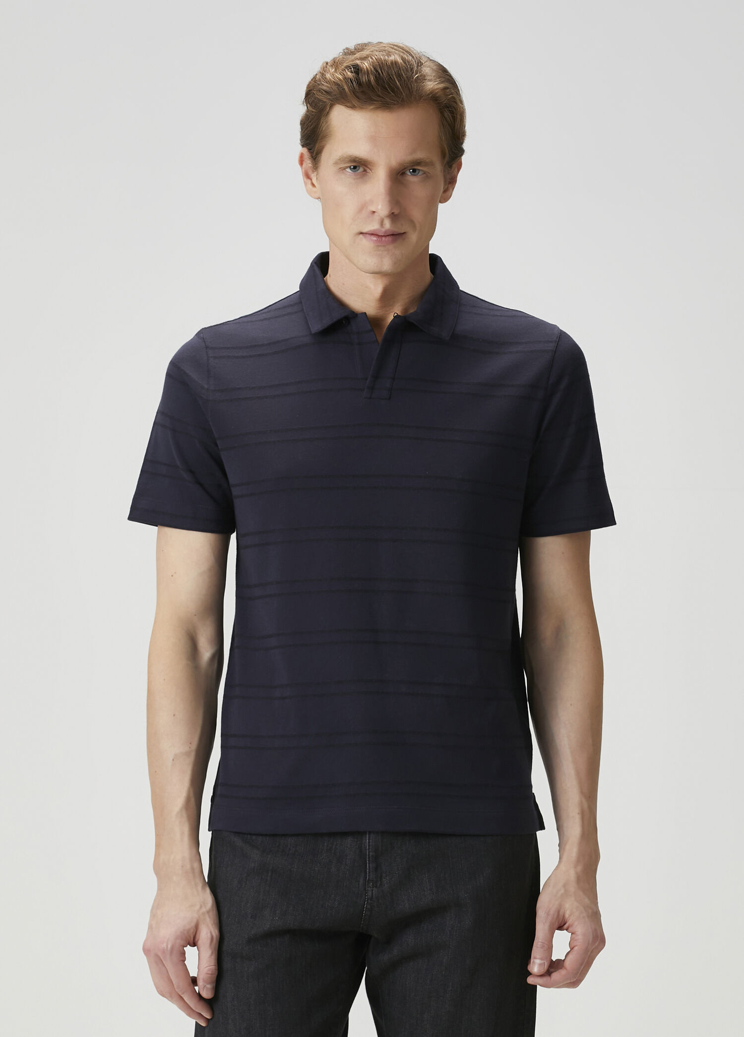 Lacivert Polo Yaka Çizgili T-shirt