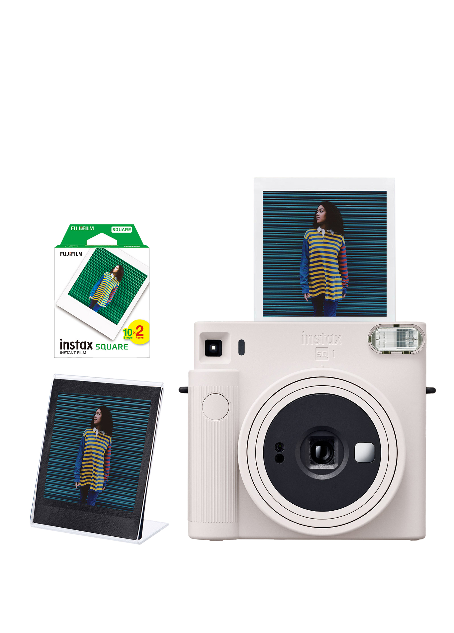 Instax SQ1 Beyaz Fotoğraf Makinesi + 20'li Kare Film ve Pleksi Çerçeve Seti