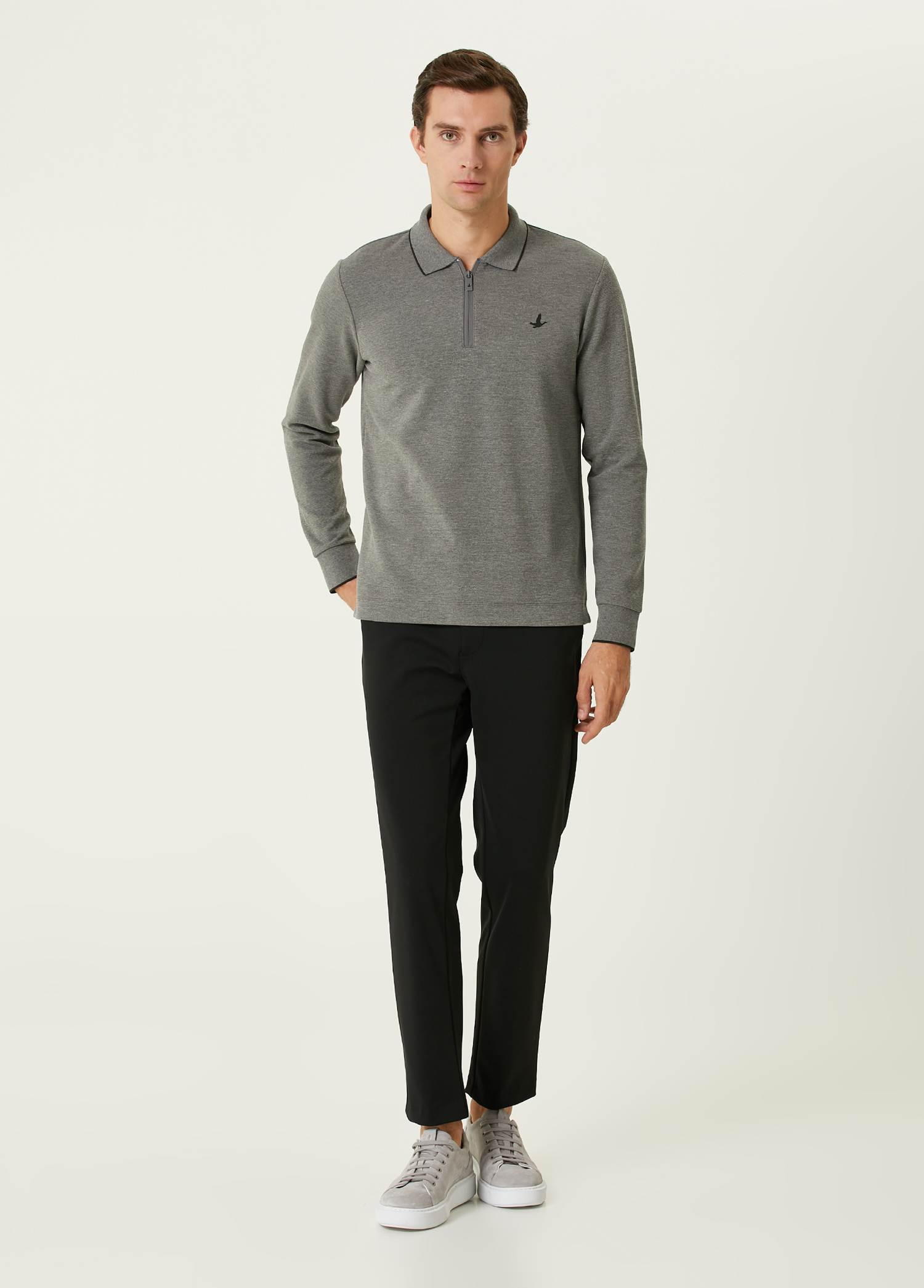 Slim Fit Gri Polo Yaka Ottoman Dokulu Sweatshirt_2