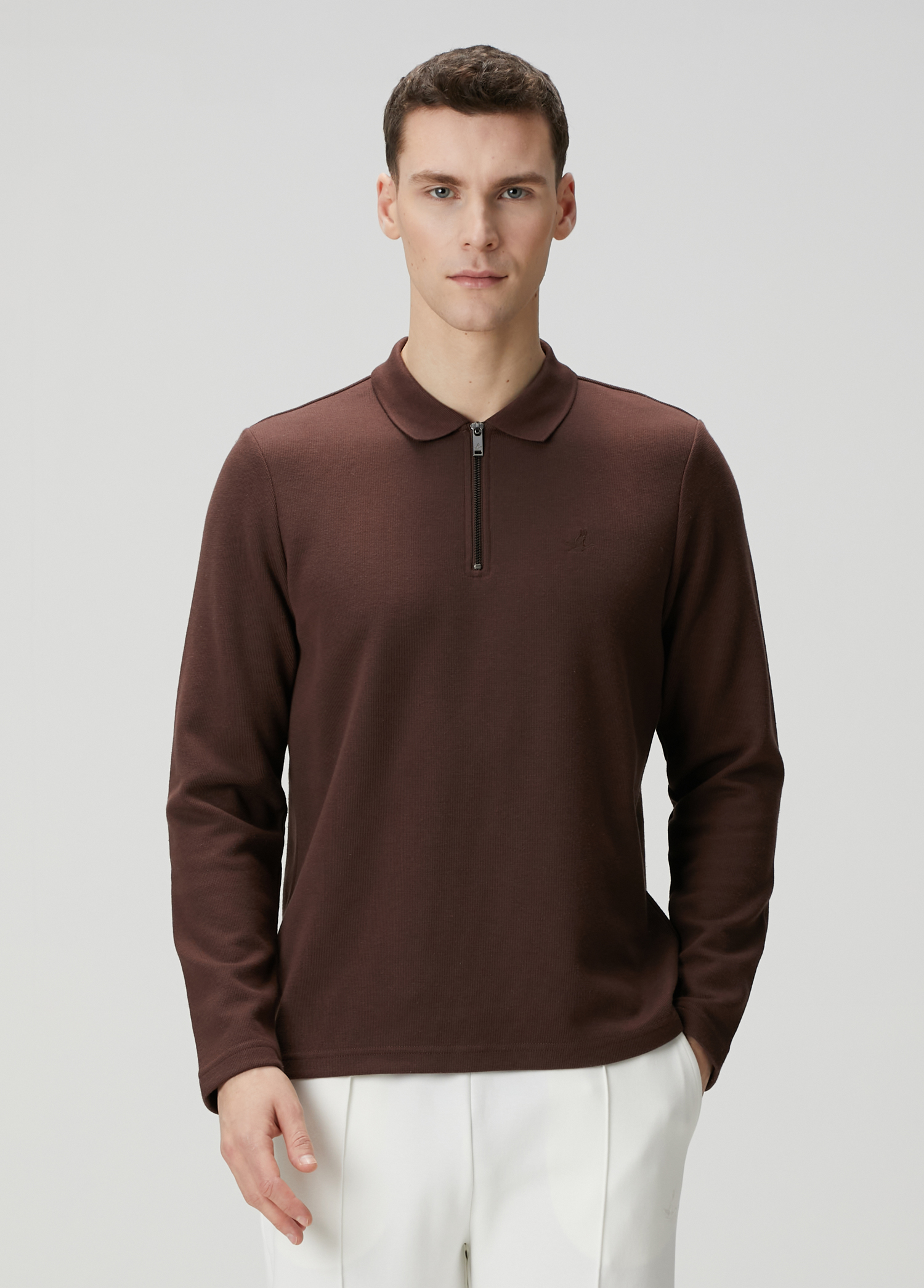 Koyu Kahverengi Polo Yaka Sweatshirt