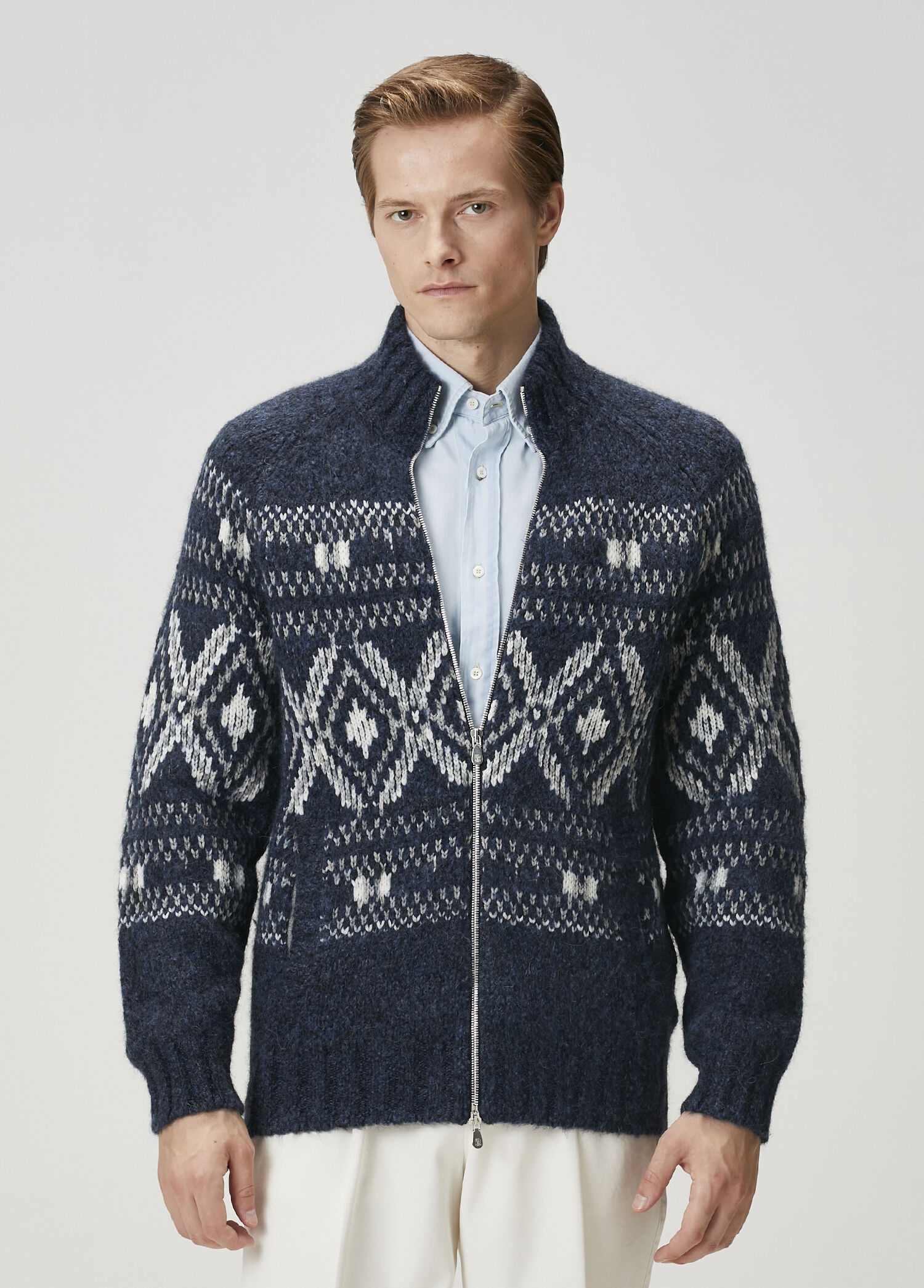 Brunello Cucinelli - Navy Blue Geometric Jacquard Wool Knit Cardigan
