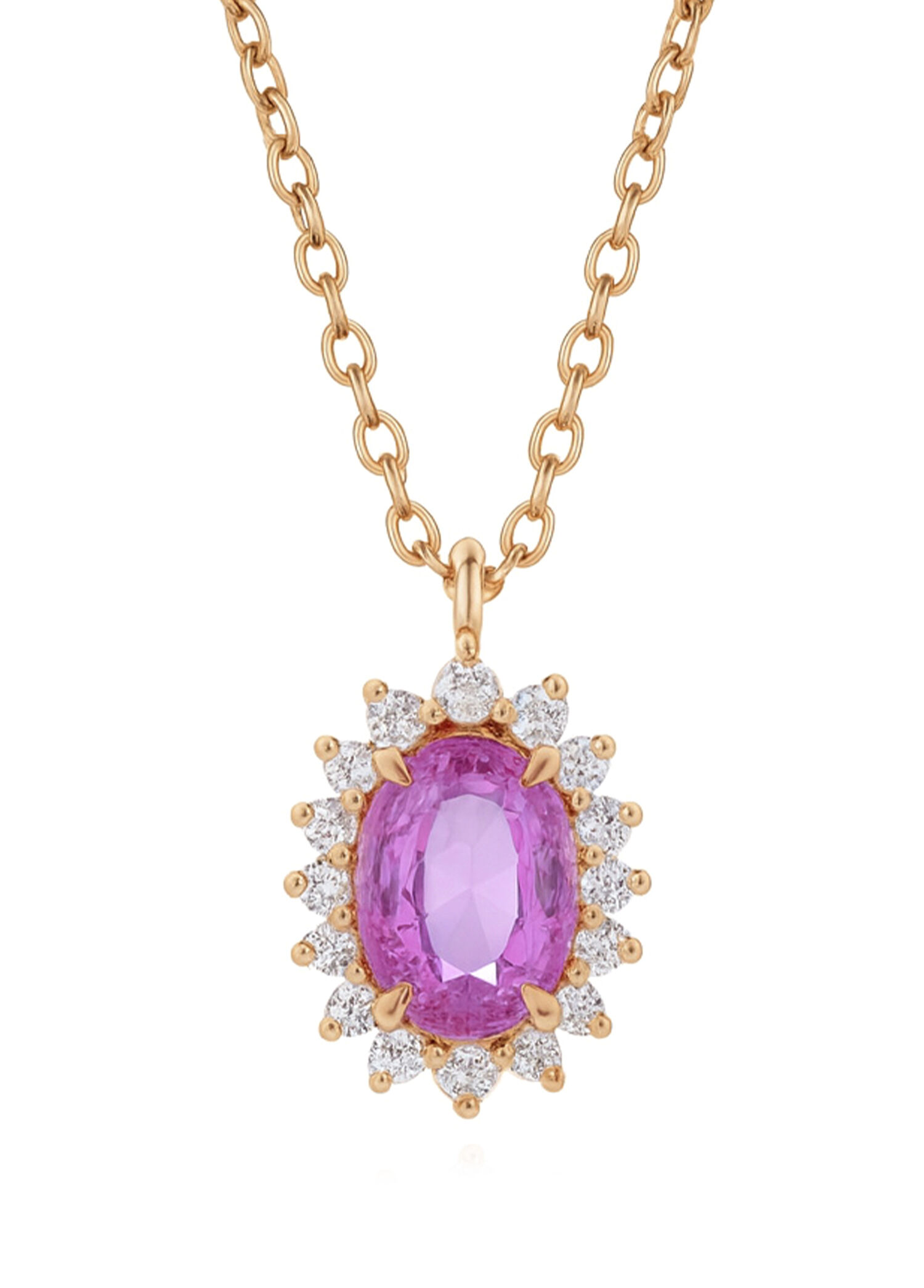 Pembe Safir ve Pırlanta Taşlı Rose Gold 14 Ayar Altın Kadın Kolye