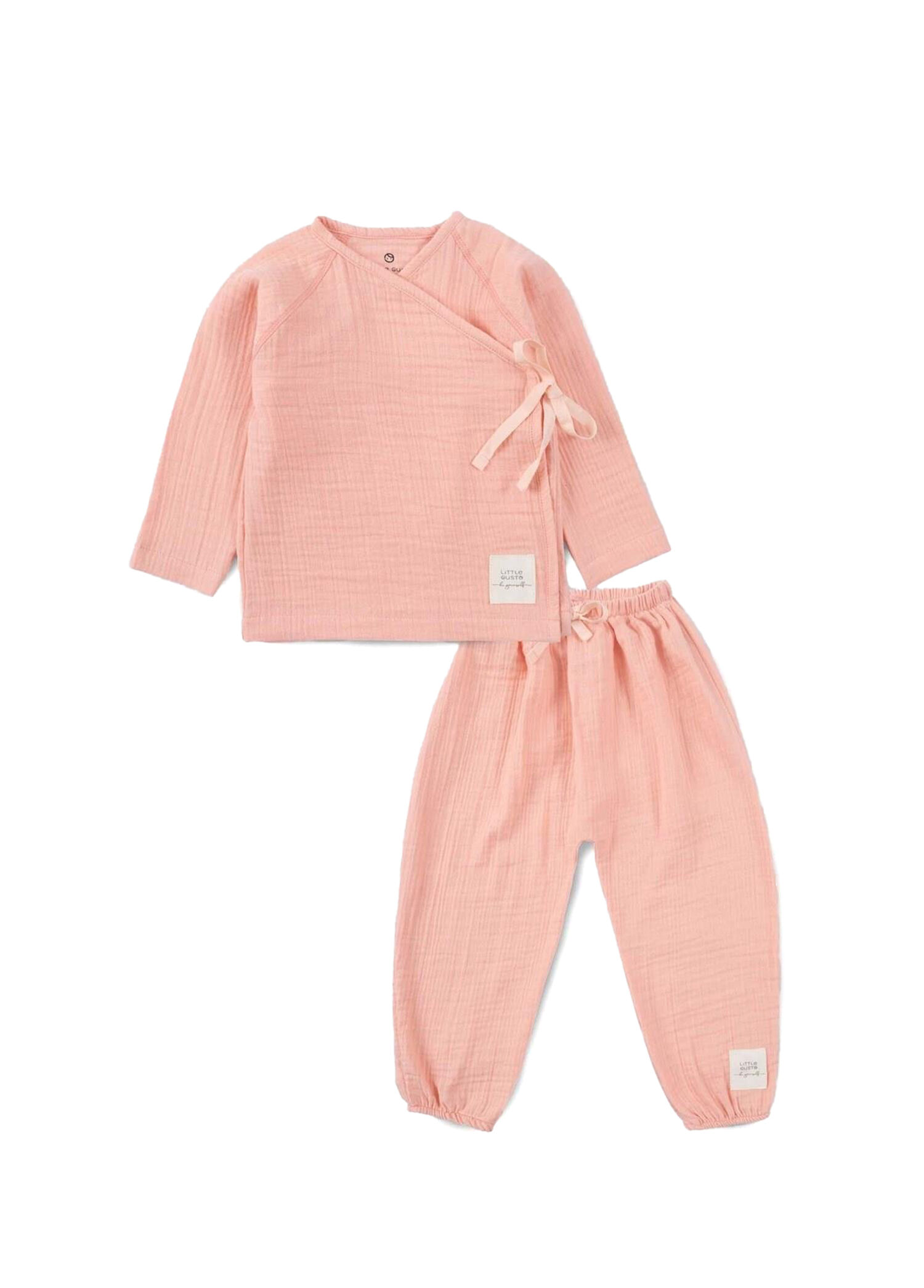 Pembe Organik Pamuk Müslin Kruvaze Ceket Pantolon Kız Bebek 2'li Set