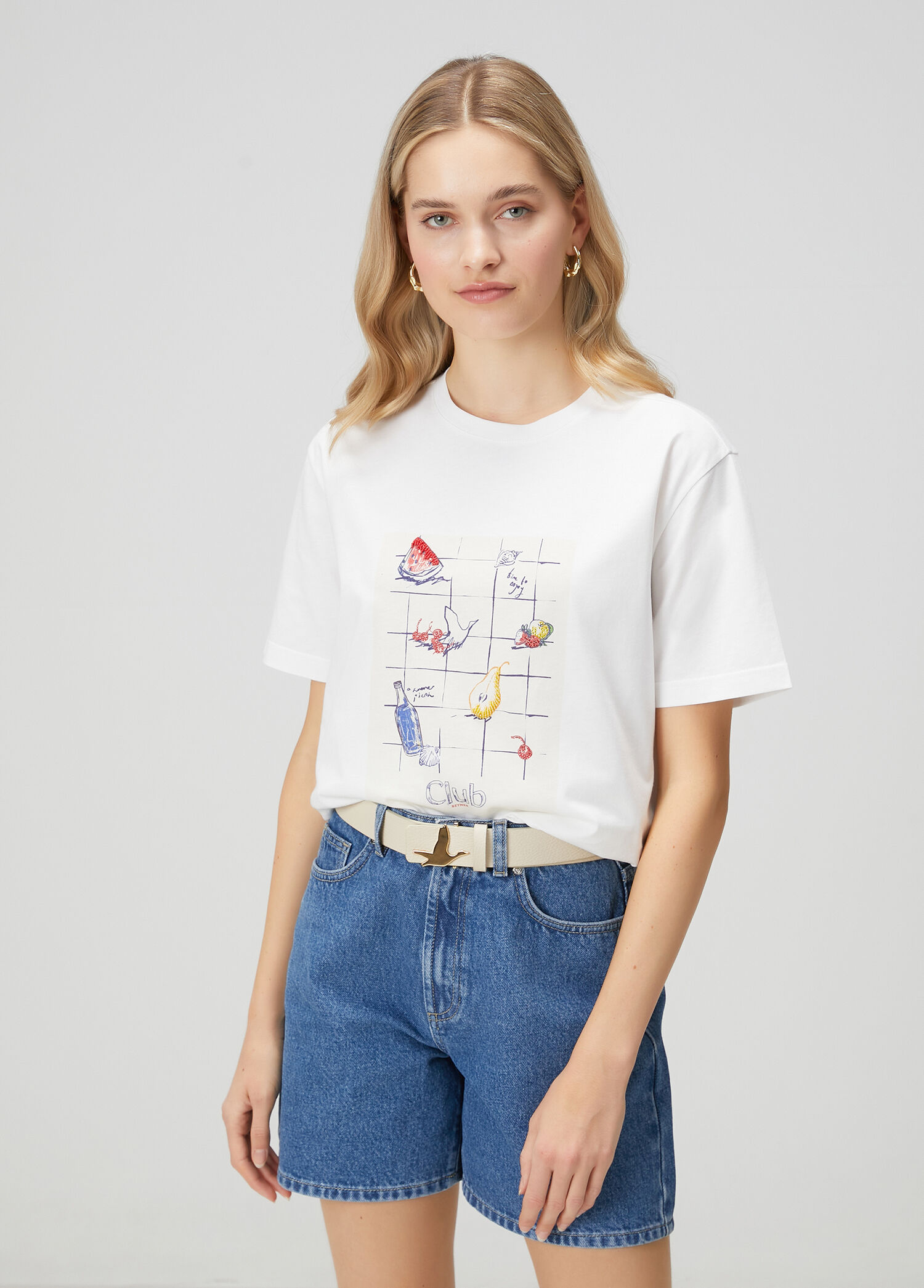 Kırık Beyaz Meyve Baskılı Oversize T-shirt