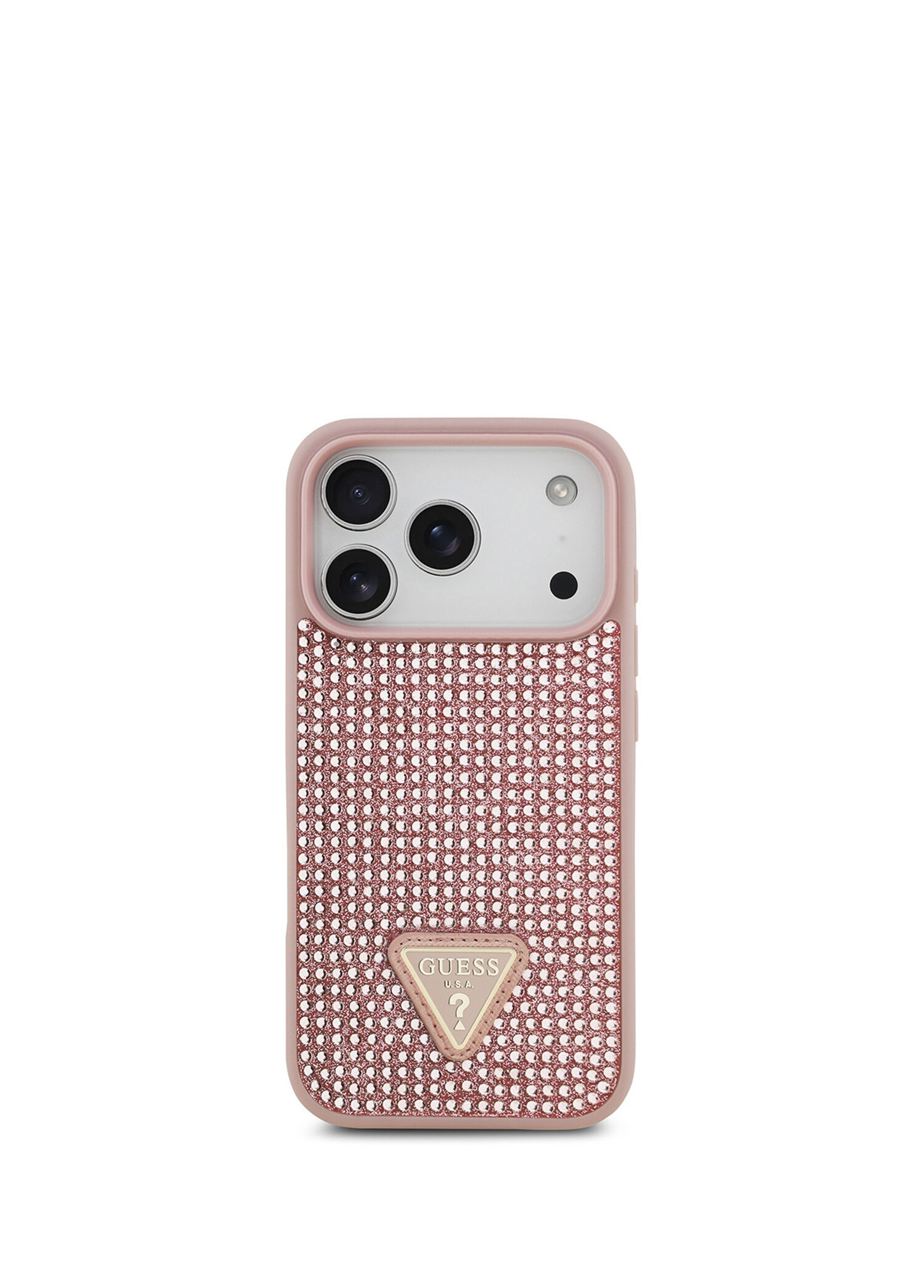 iPhone 17 Pro Taşlı Üçgen Logolu Pembe Telefon Kılıfı