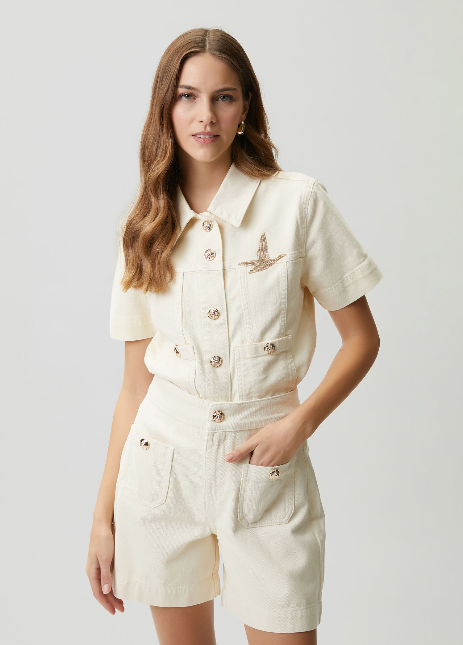 Ekru Taşlı Logolu Denim Ceket