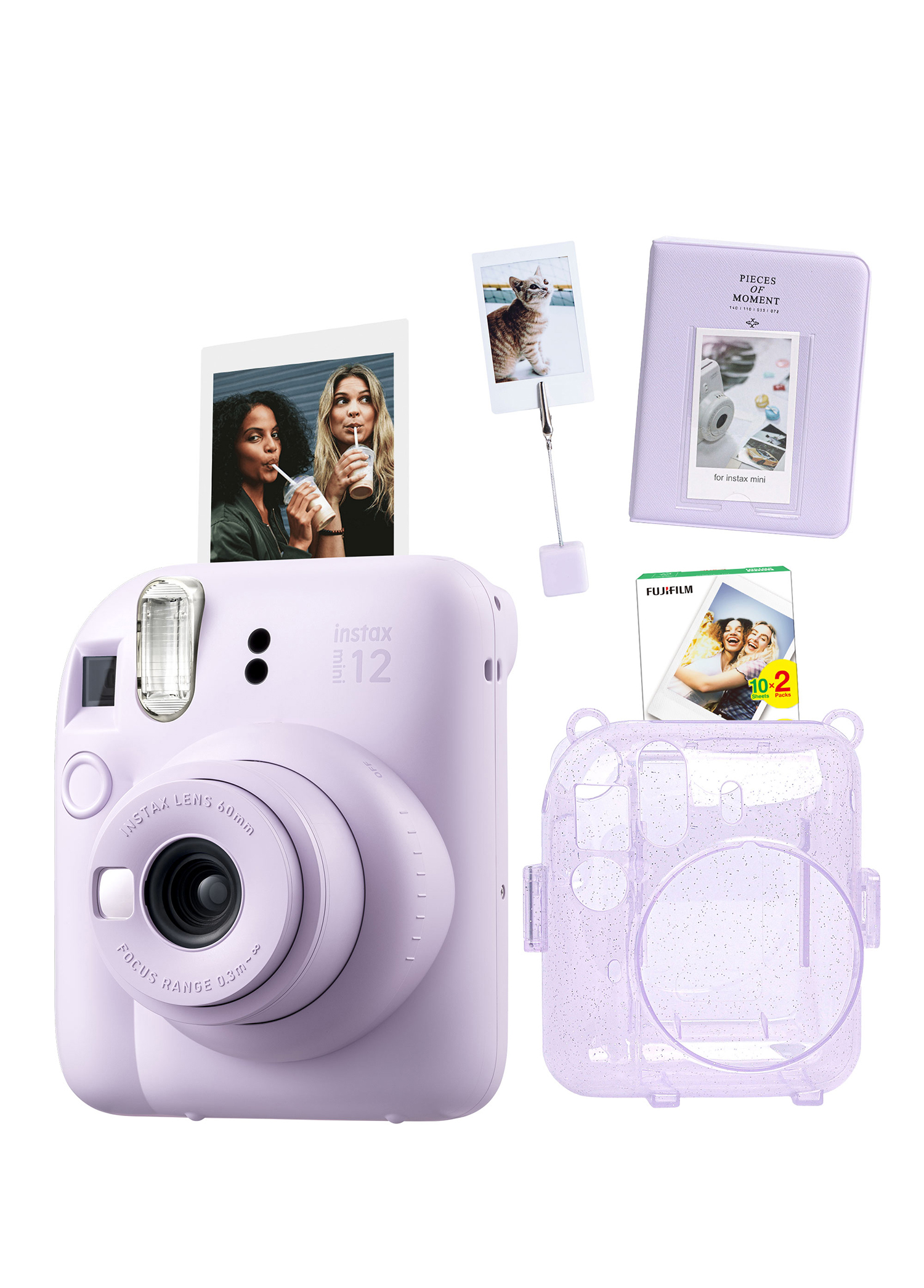 Instax Mini 12 Lila Fotoğraf Makinesi + 20'li Film Kıskaçlı Stand PVC Albüm ve Simli Pleksi Kılıf Seti