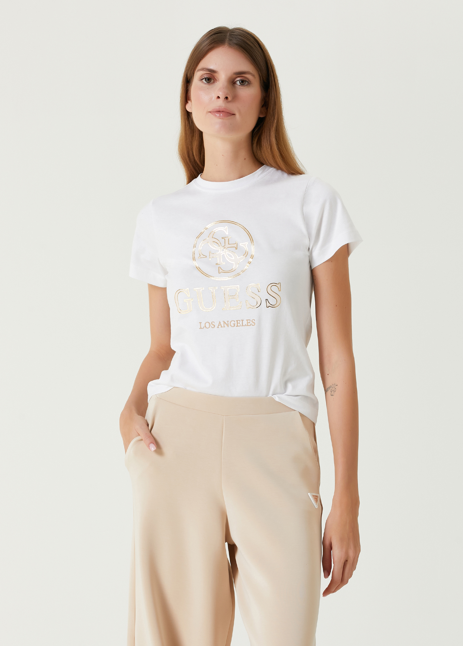 Stacie Beyaz Gold Logolu T-shirt