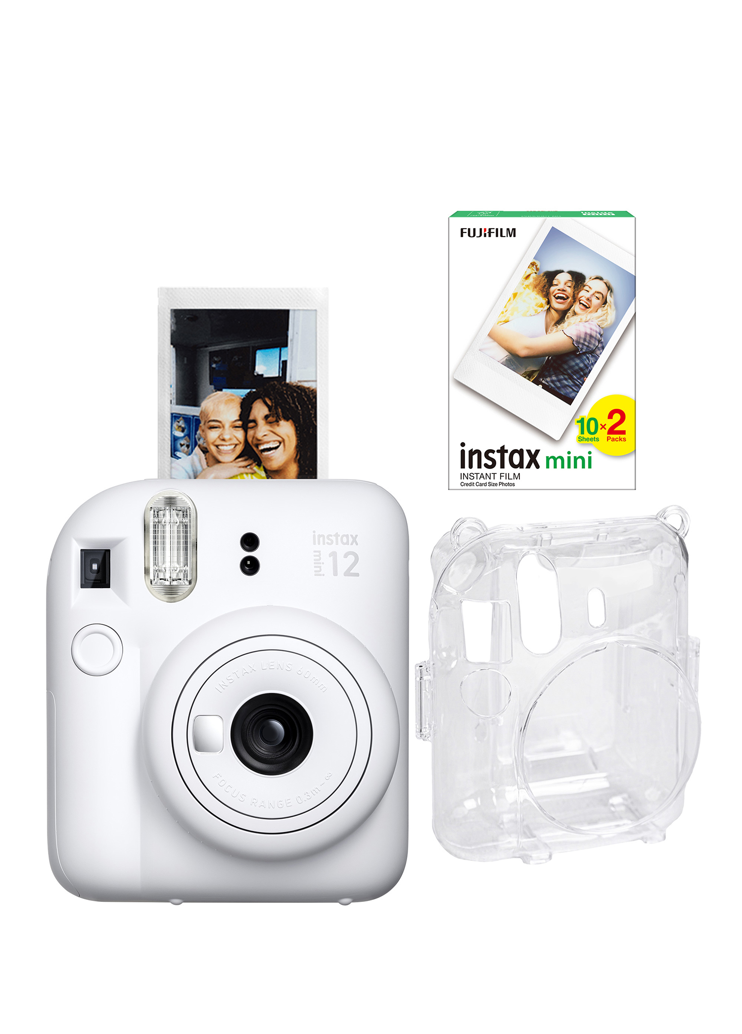 Instax Mini 12 Beyaz Fotoğraf Makinesi + 20'li Film ve Şeffaf Kılıf Seti