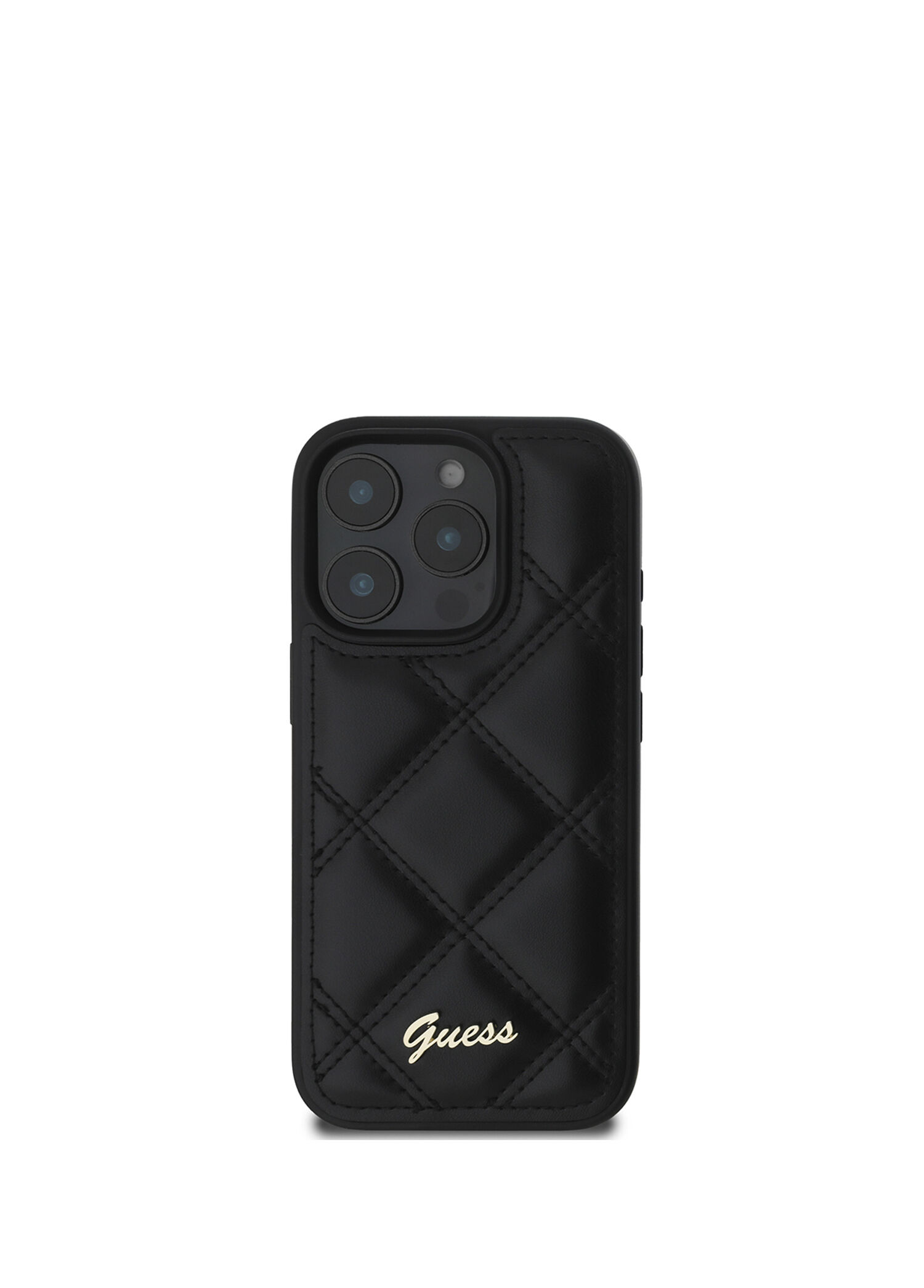 Guess - iPhone 16 Pro Max PU Deri Metal Yazı Logolu Kapitone Telefon Kılıfı - Siyah