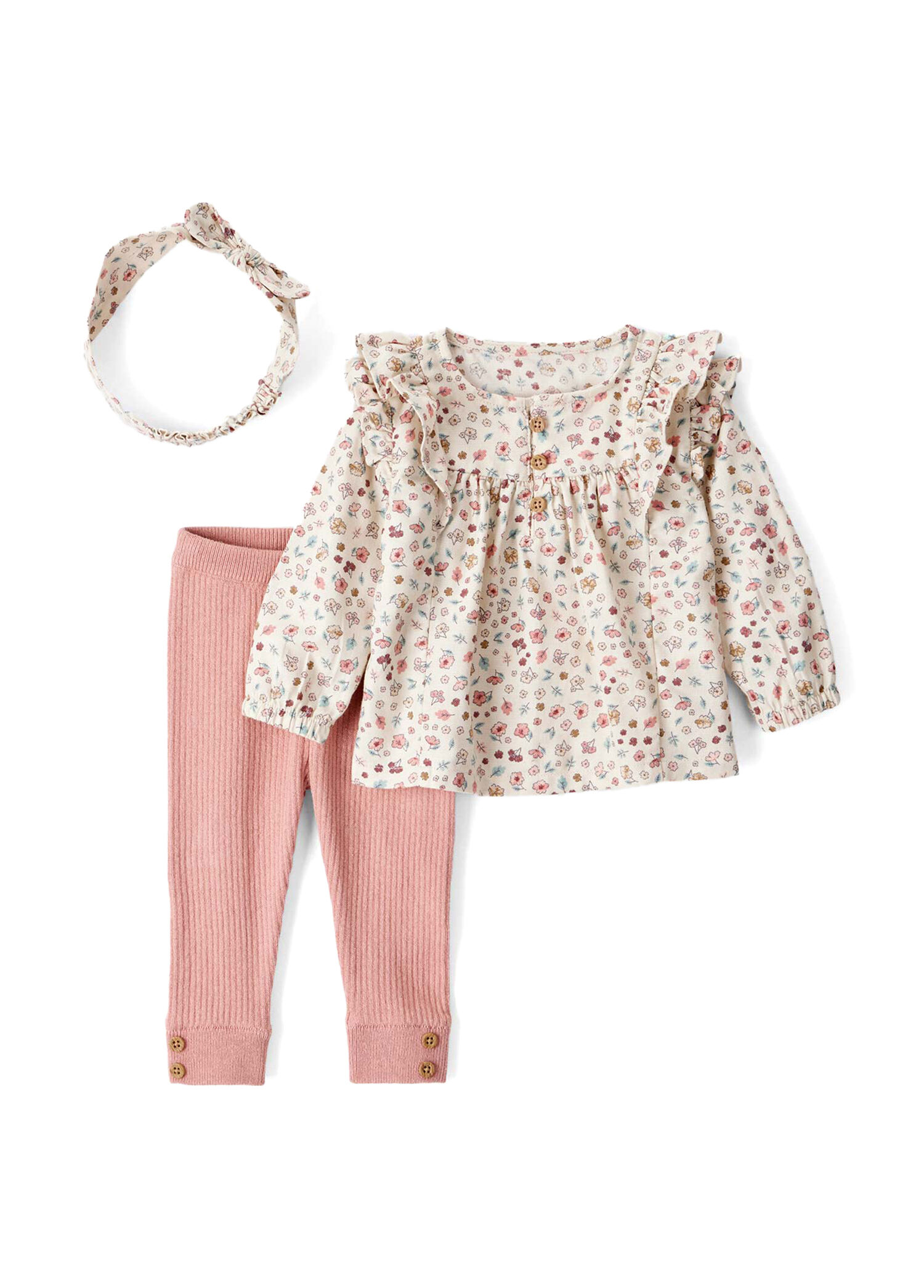 Pembe Uzun Kollu Bluz Pantolon ve Bandana Kız Bebek 3'lü Set