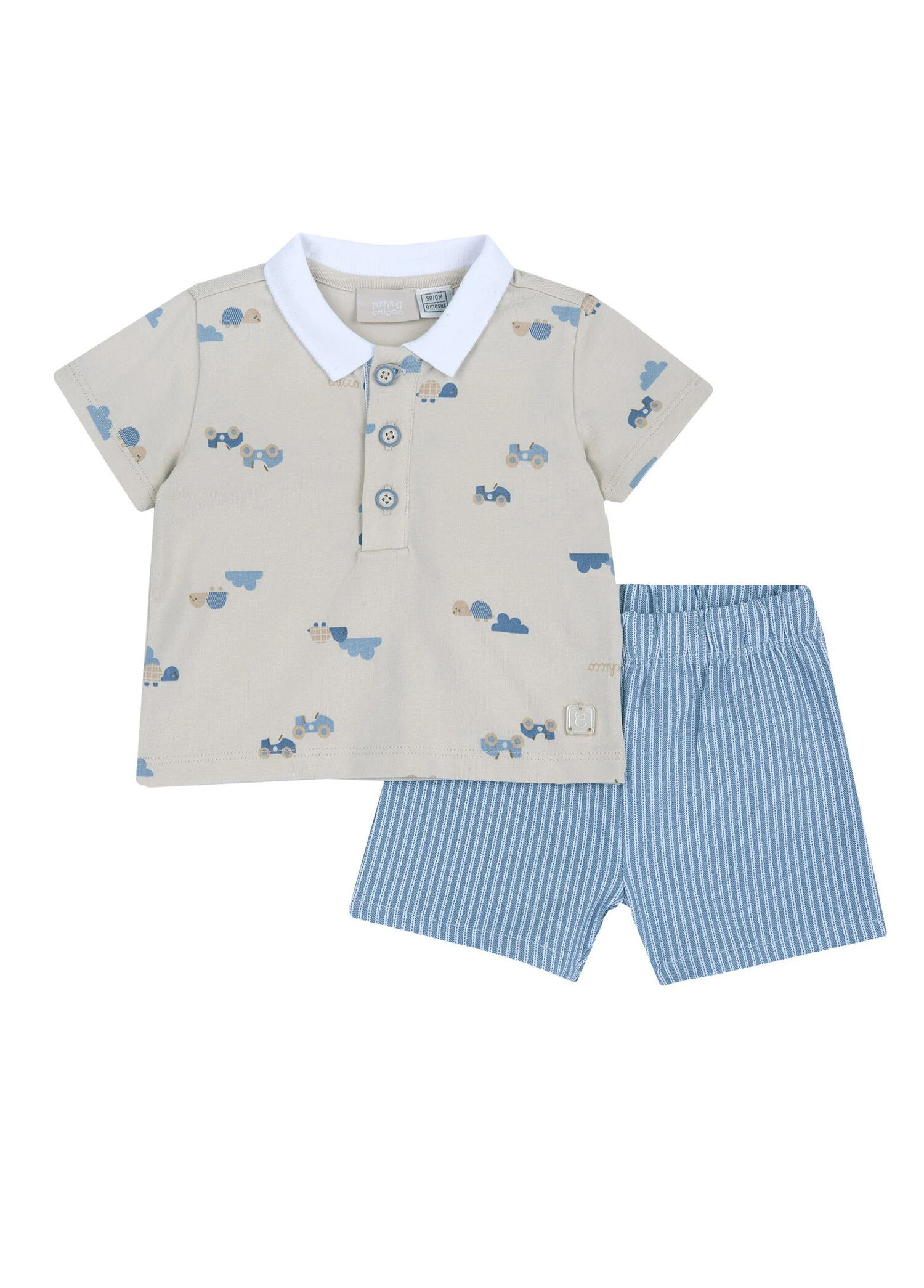 Krem Desenli Kısa Kollu T-shirt Mavi Şort Erkek Bebek 2'li Set