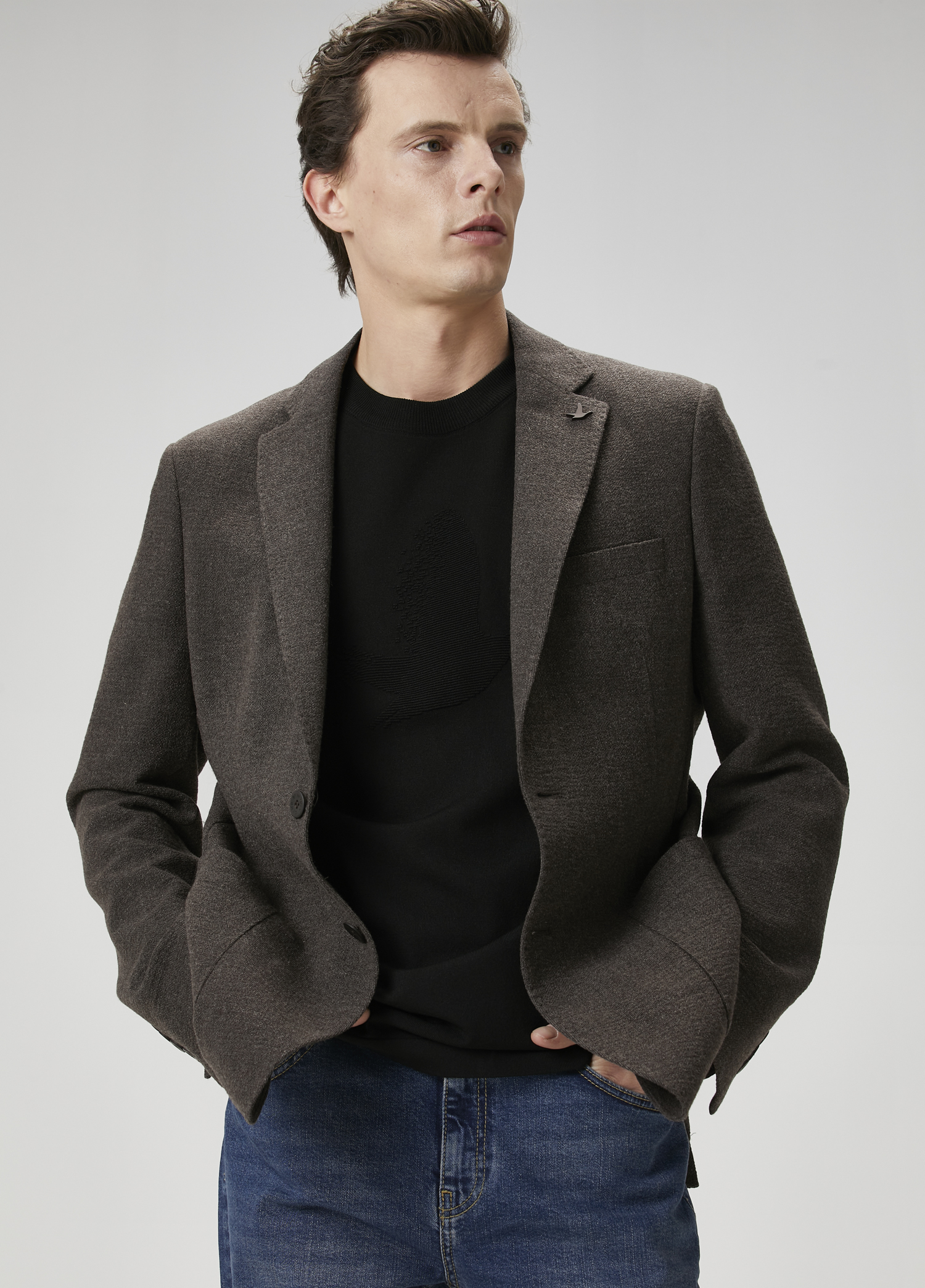 Brown Crinkle Textured Wool Jacket
