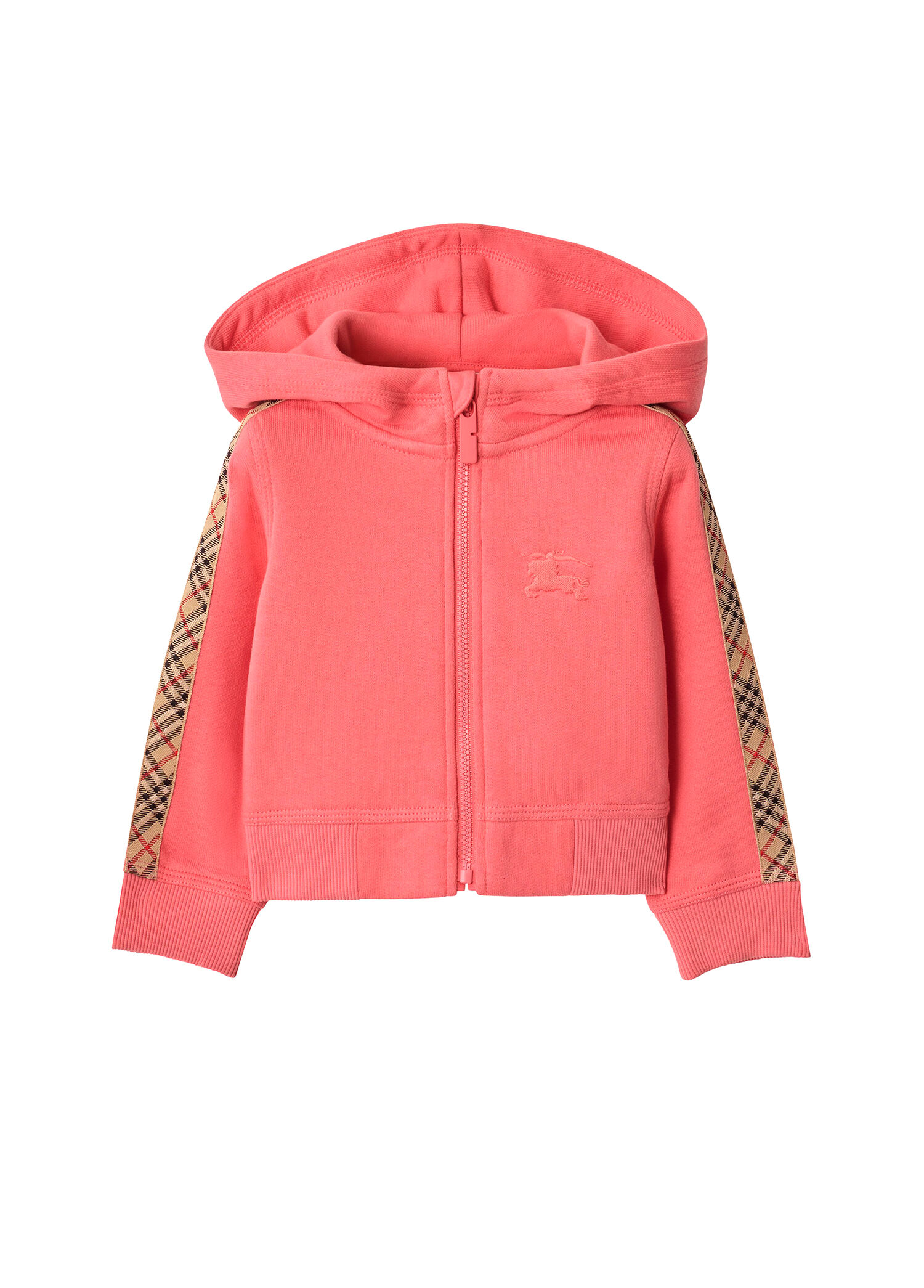 Check Trim Pembe Pamuklu Fermuarlı Kapüşonlu Unisex Çocuk Sweatshirt