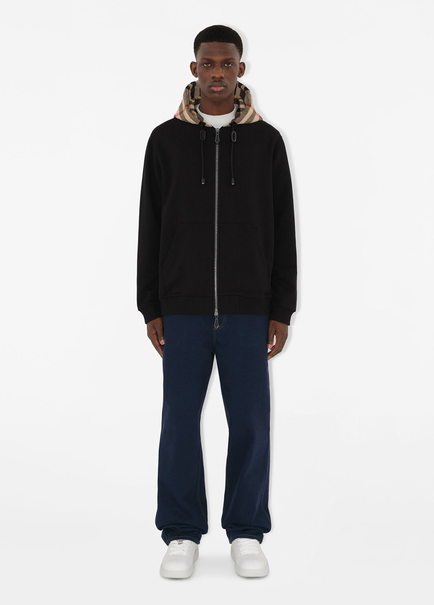 Burberry Siyah Erkek Check Hood Siyah Pamuklu Zip Erkek Sweatshirt