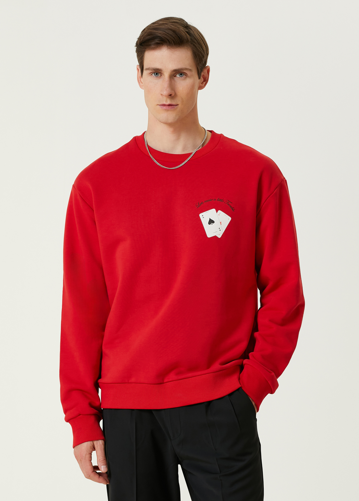 Kırmızı Casino Kart Baskılı Sweatshirt