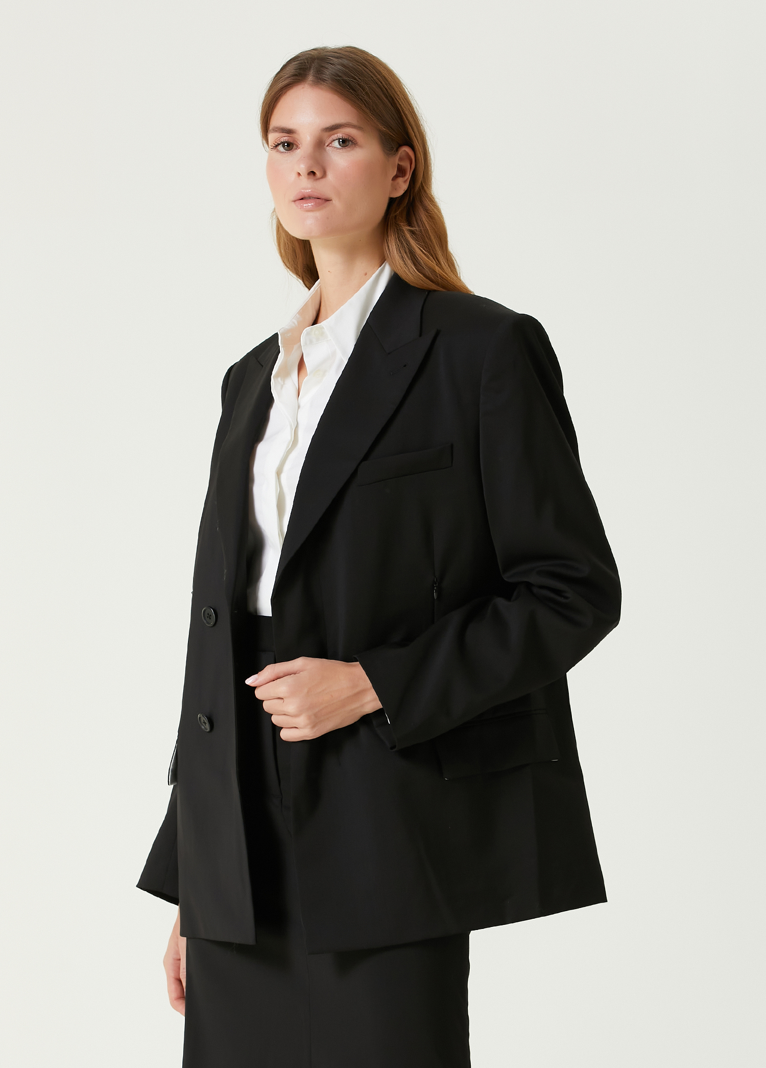 Boxy Siyah Kruvaze Yün Blazer