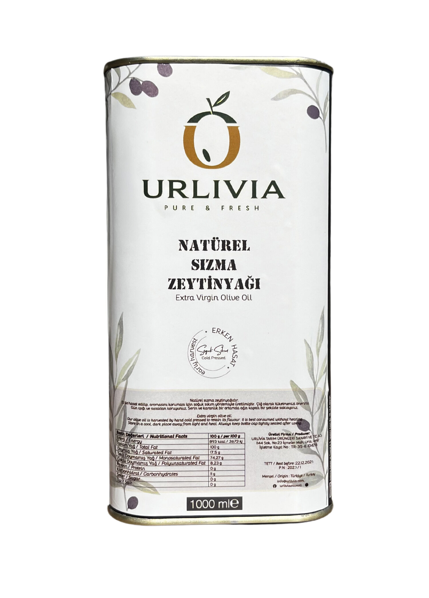 Natürel Soğuk Sıkım Sızma Zeytinyağı 1 lt