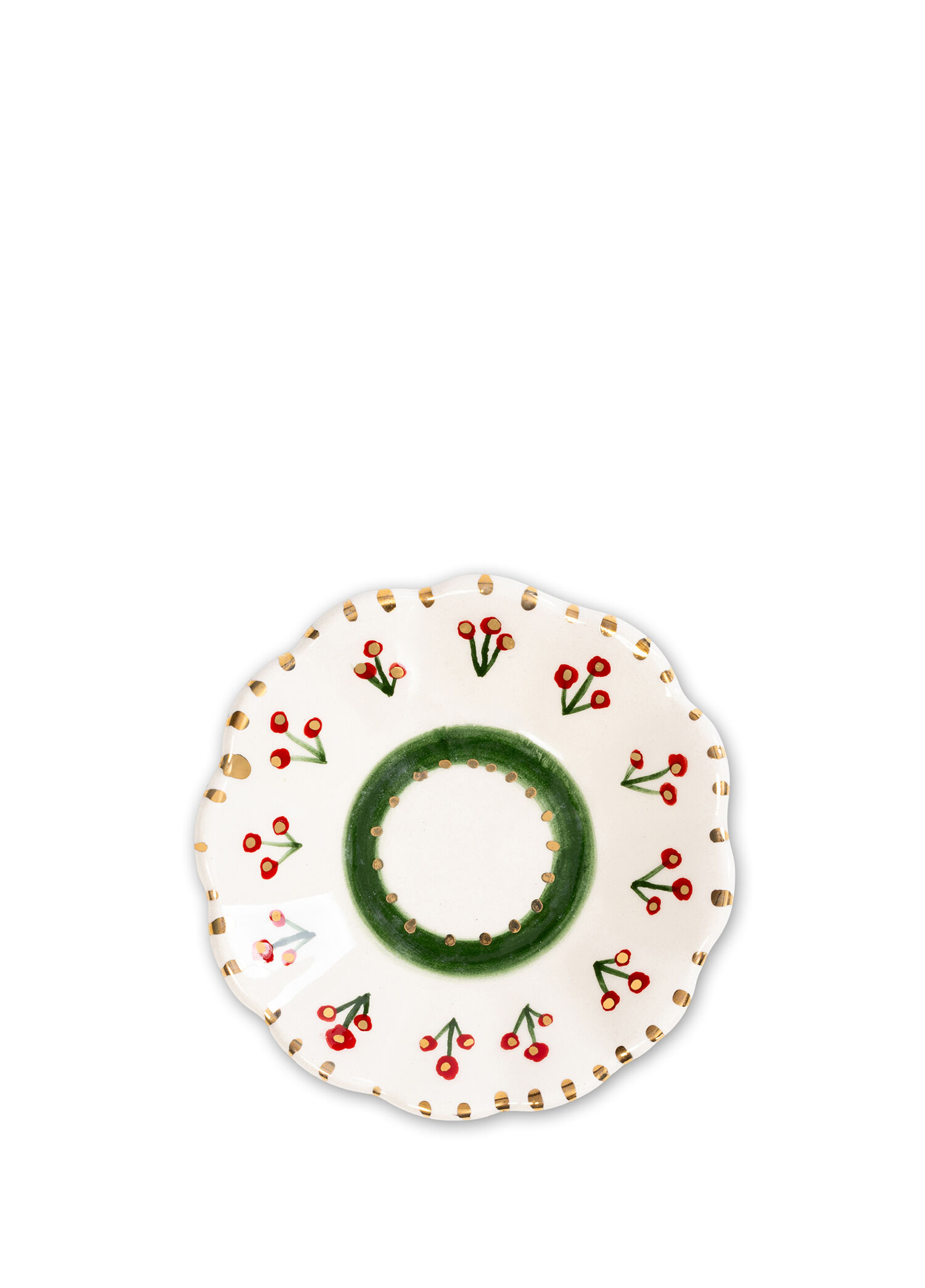 Xmas Cherry Berry Yeşil Handmade Seramik Çay Tabağı