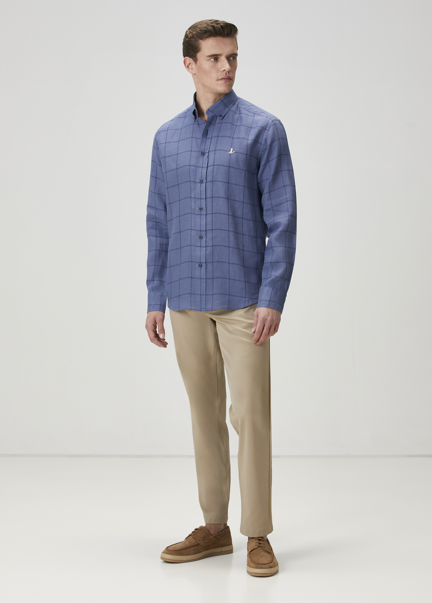 Comfort Fit Indigo Ekose Desenli Keten Gömlek_2