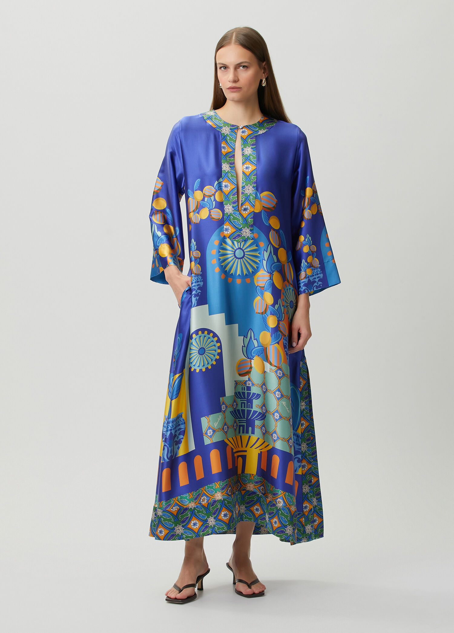 Teresa Mavi Desenli İpek Kaftan