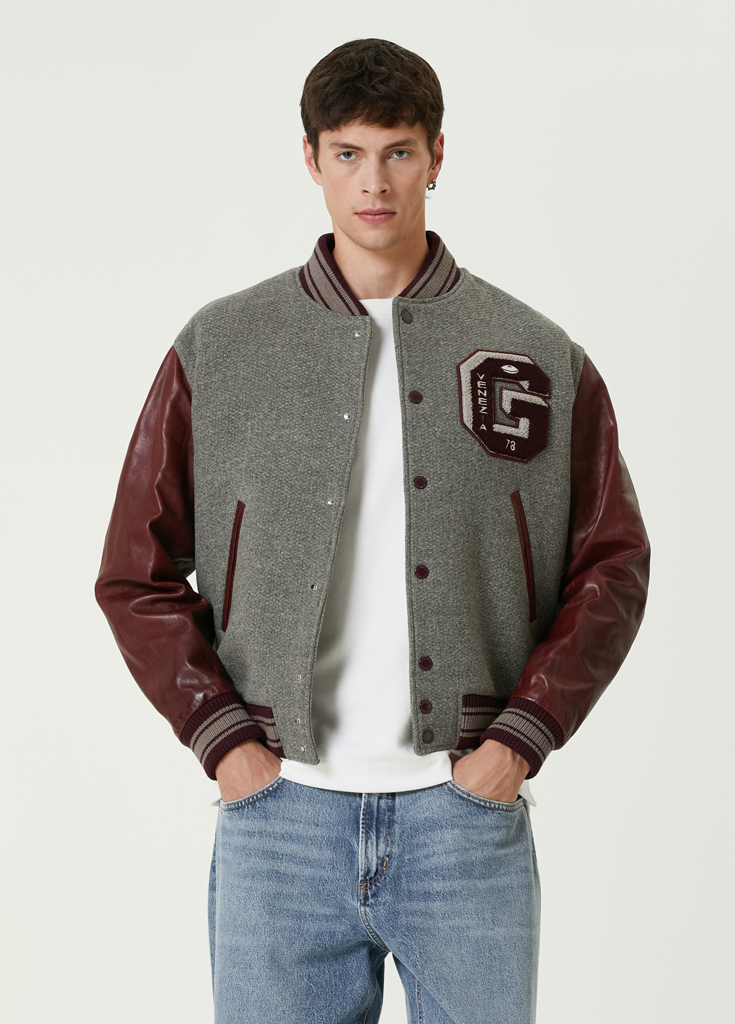 Bordo Gri Logo Patchli Yün Bomber Mont