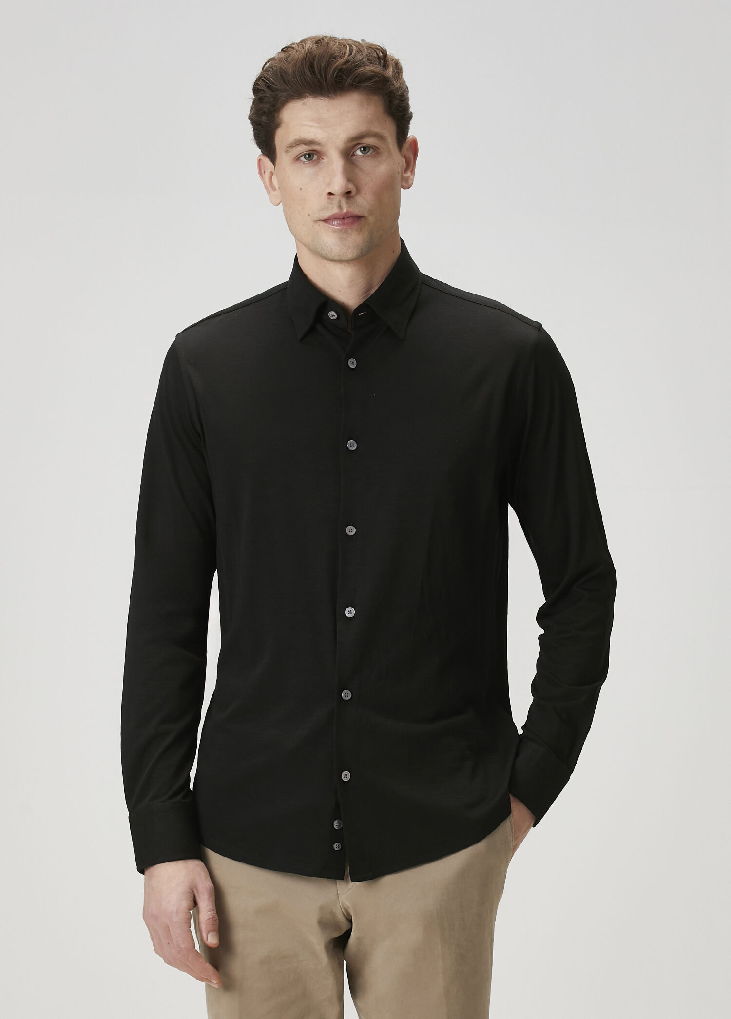 Slim Fit Siyah Jersey Yün Gömlek