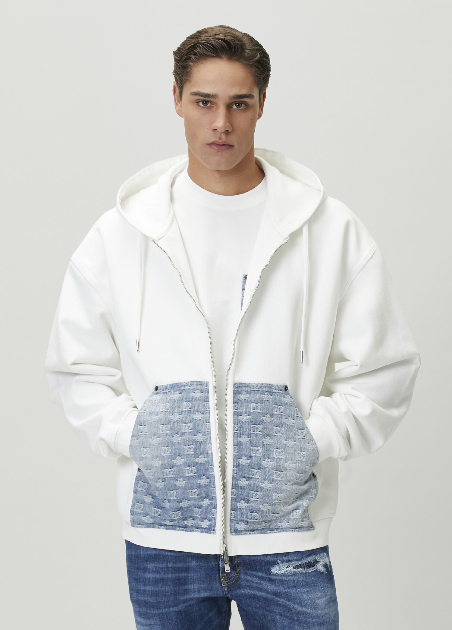 Beyaz Logolu Denim Garnili Sweatshirt