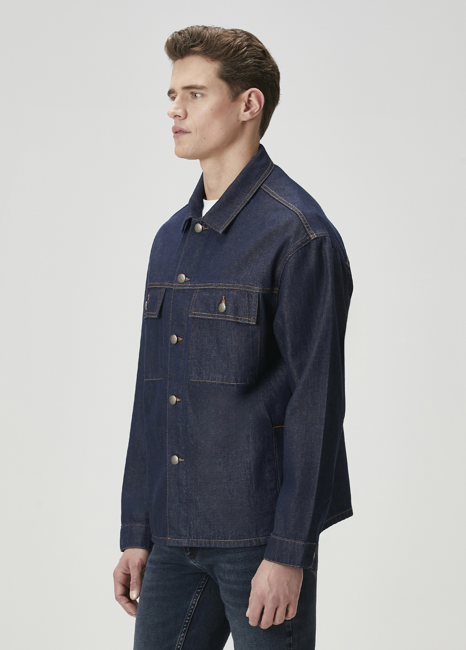 Indigo Kontrast Dikişli Denim Ceket_3