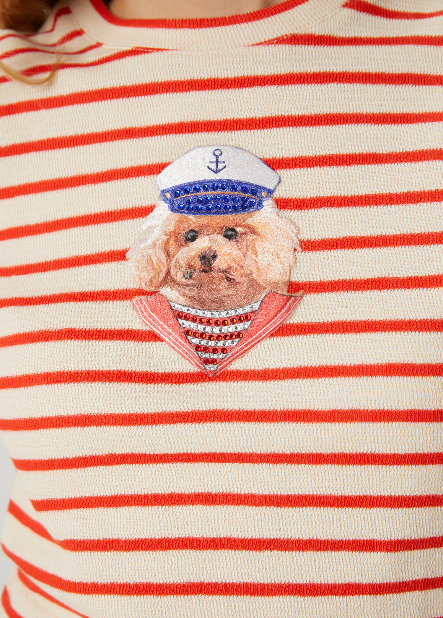 Ekru Çizgili Köpek Aplikeli T-shirt_5