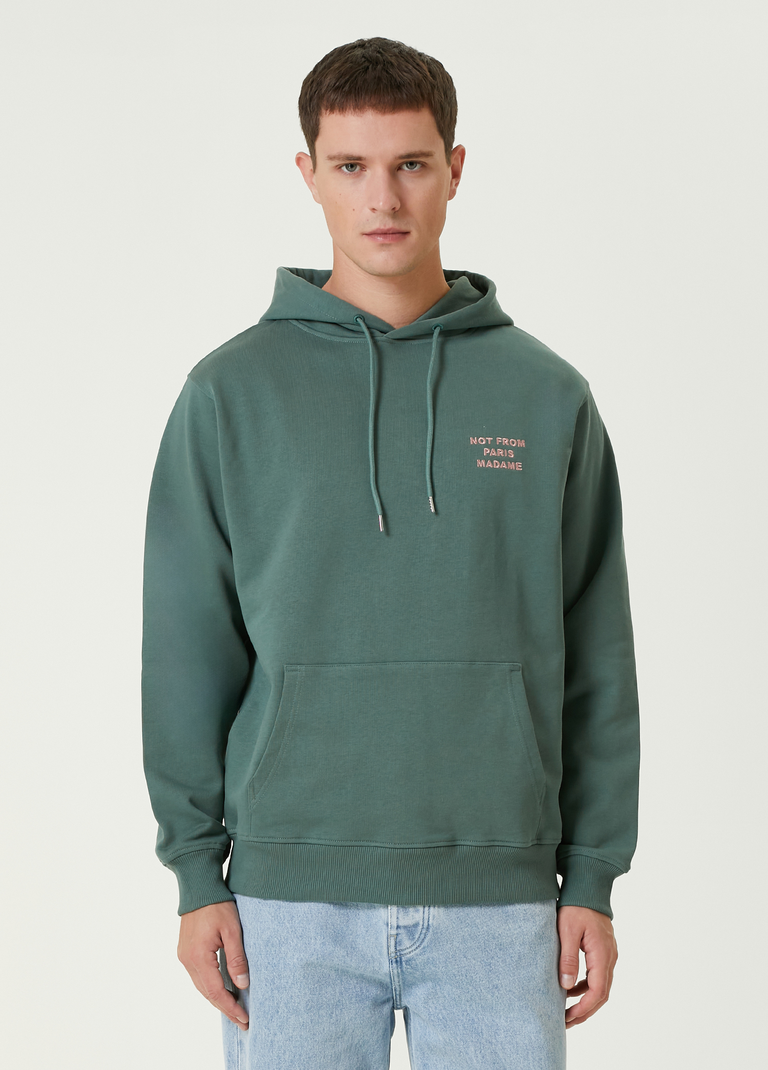 Koyu Yeşil Kapüşonlu Logo Nakışlı Sweatshirt