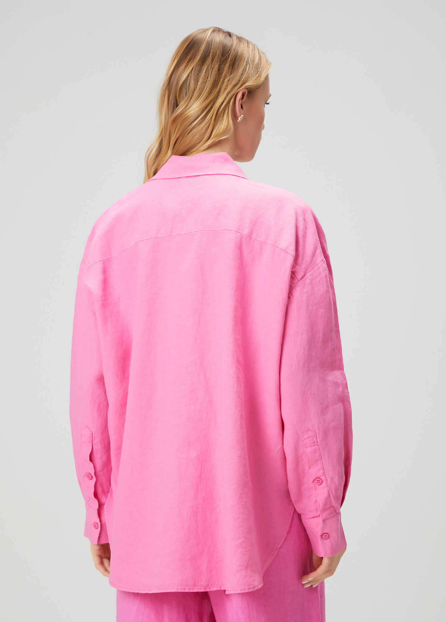 Oversize Pembe Keten Gömlek_6