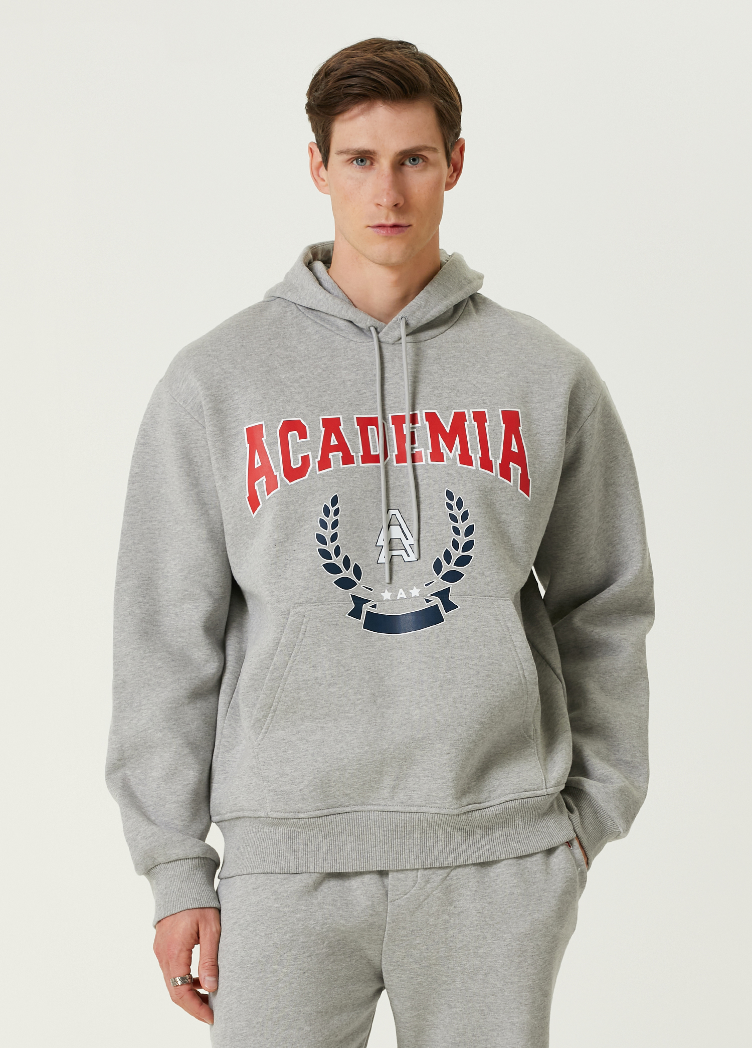 Açık Gri Kapüşonlu Logo Baskılı Sweatshirt