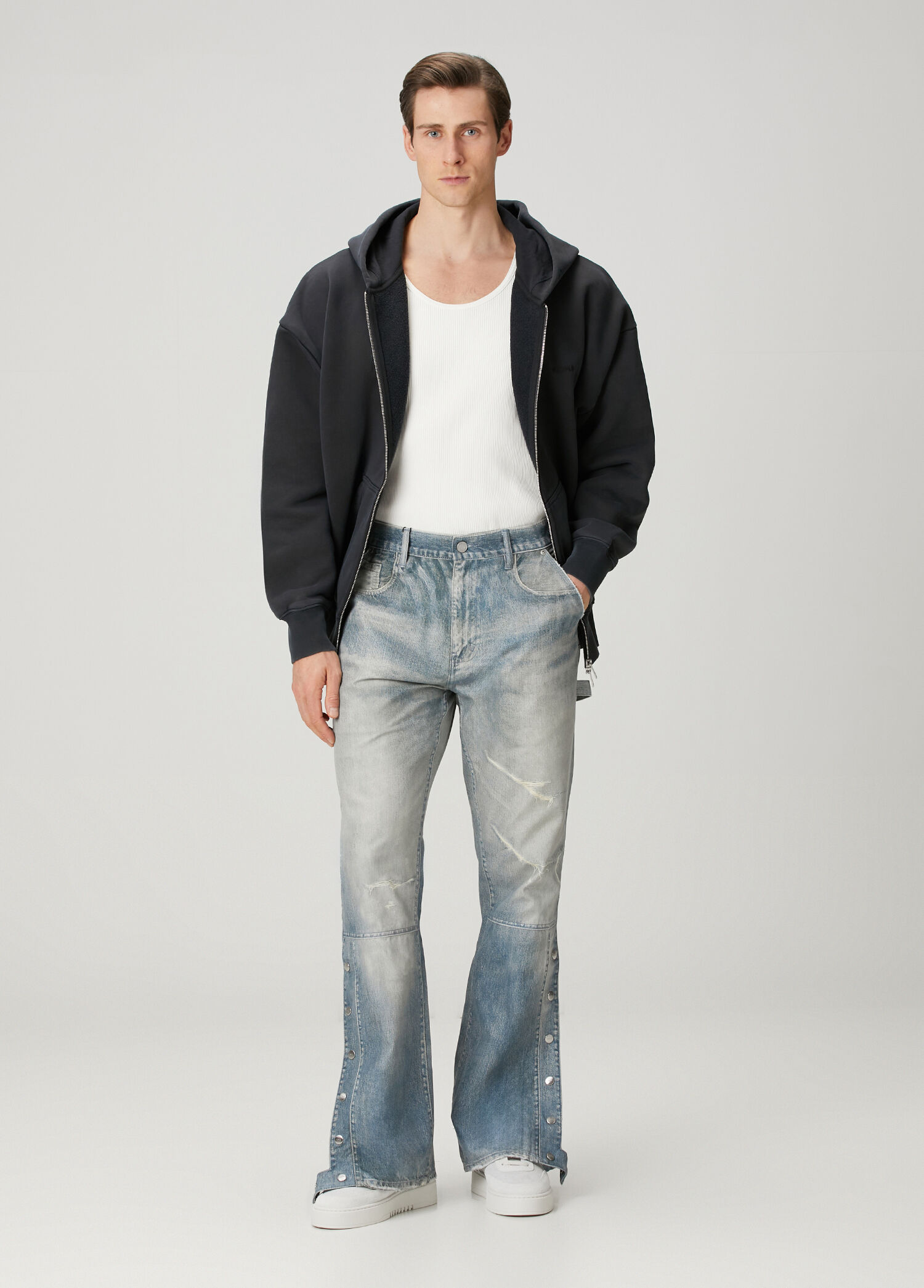 パンツ purple brand Blue denim Purple Brand P018 Zip wide-leg Jeans | Blue | FARFETCH