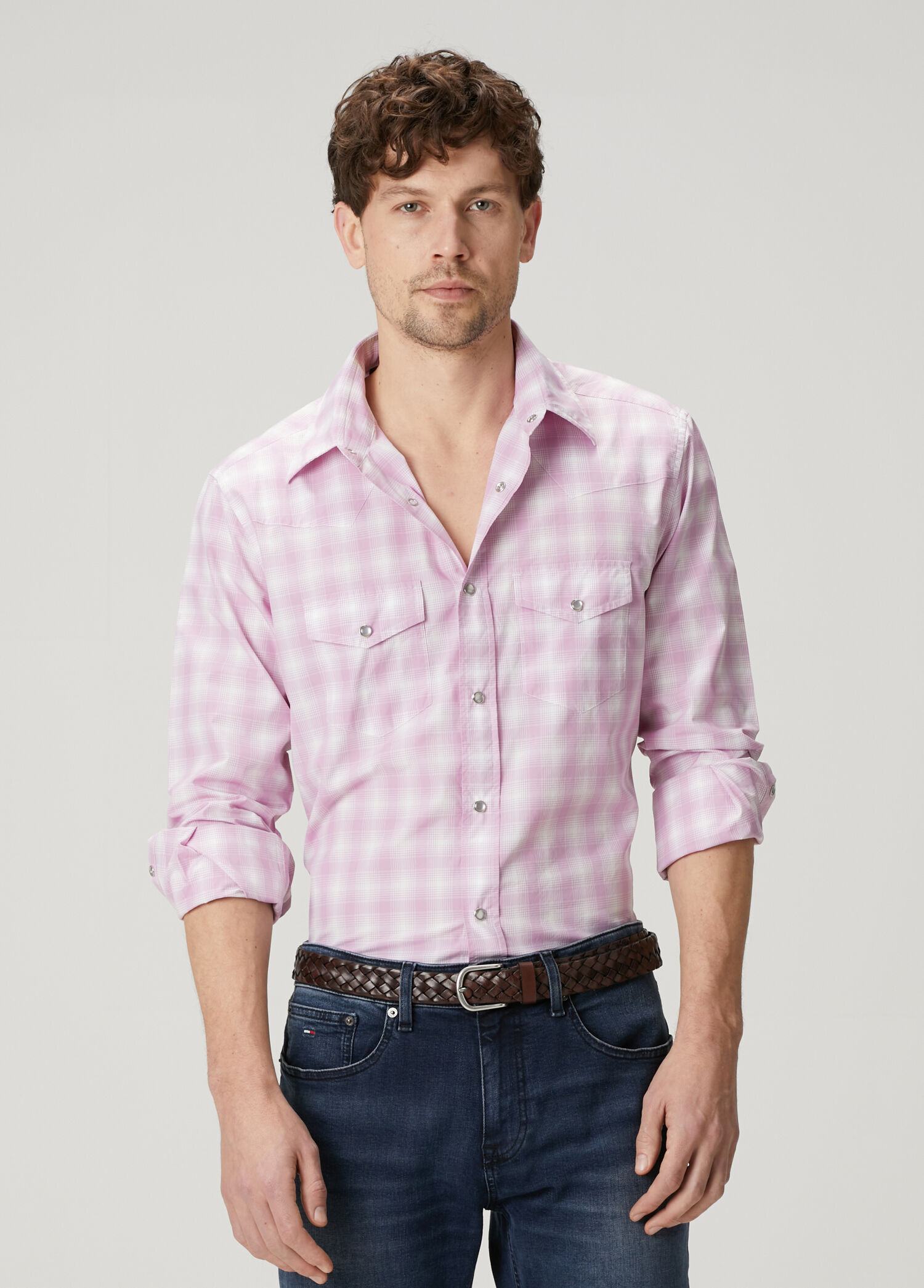 Slim Fit Pembe Ekose Desenli Western Gömlek