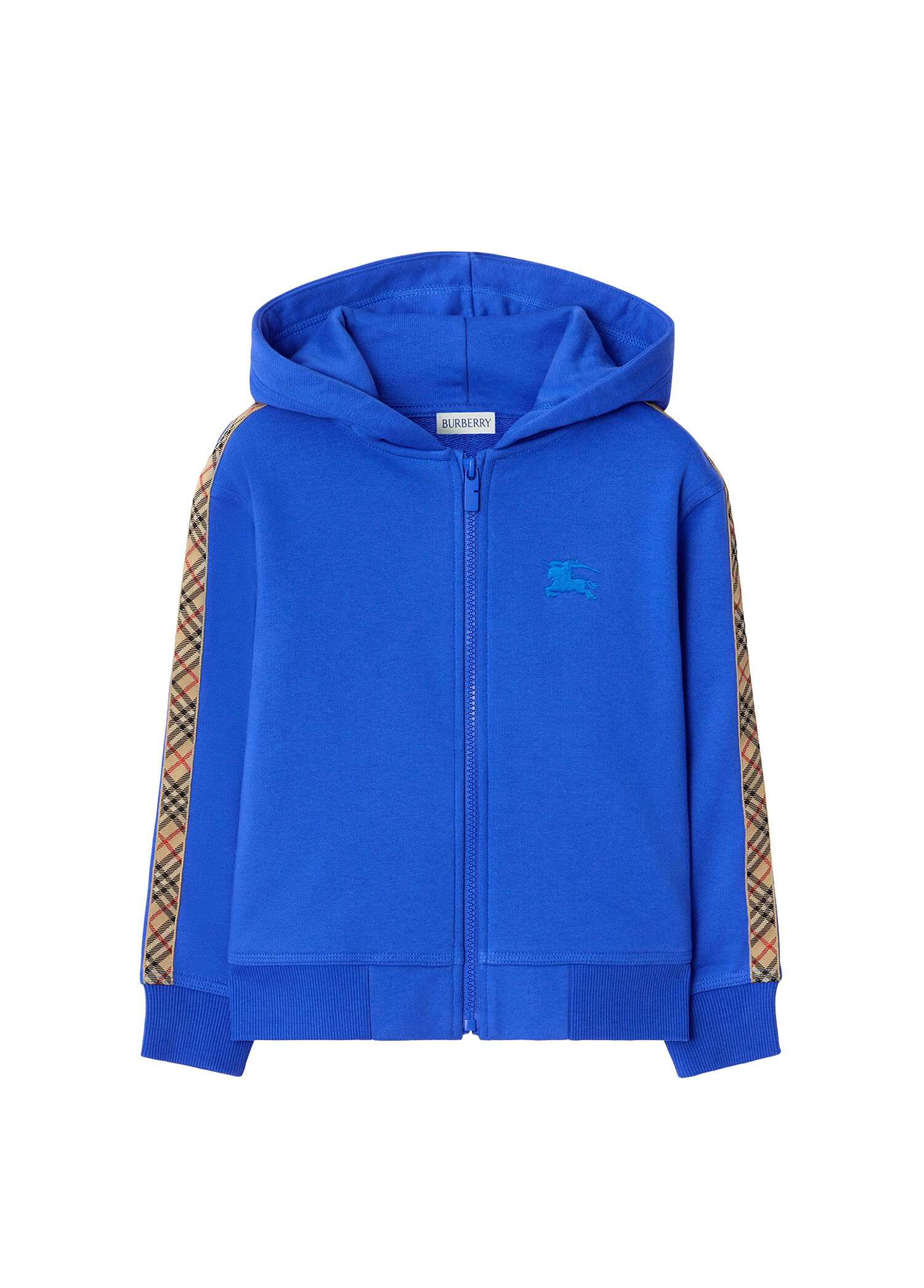 Check Trim Mavi Pamuklu Fermuarlı Kapüşonlu Unisex Çocuk Sweatshirt
