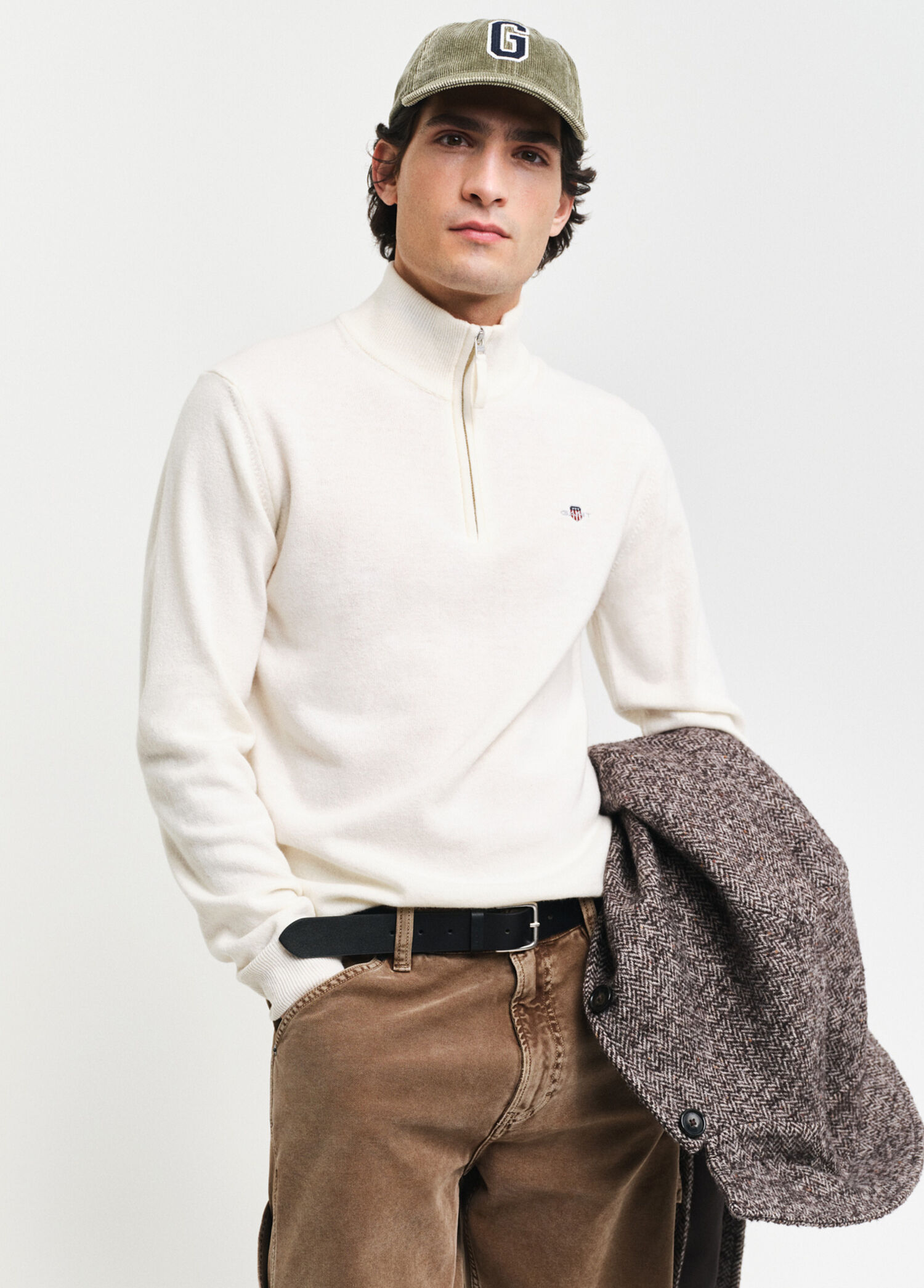 Krem Regular Fit Yarım Fermuarlı Erkek Yün Kazak
