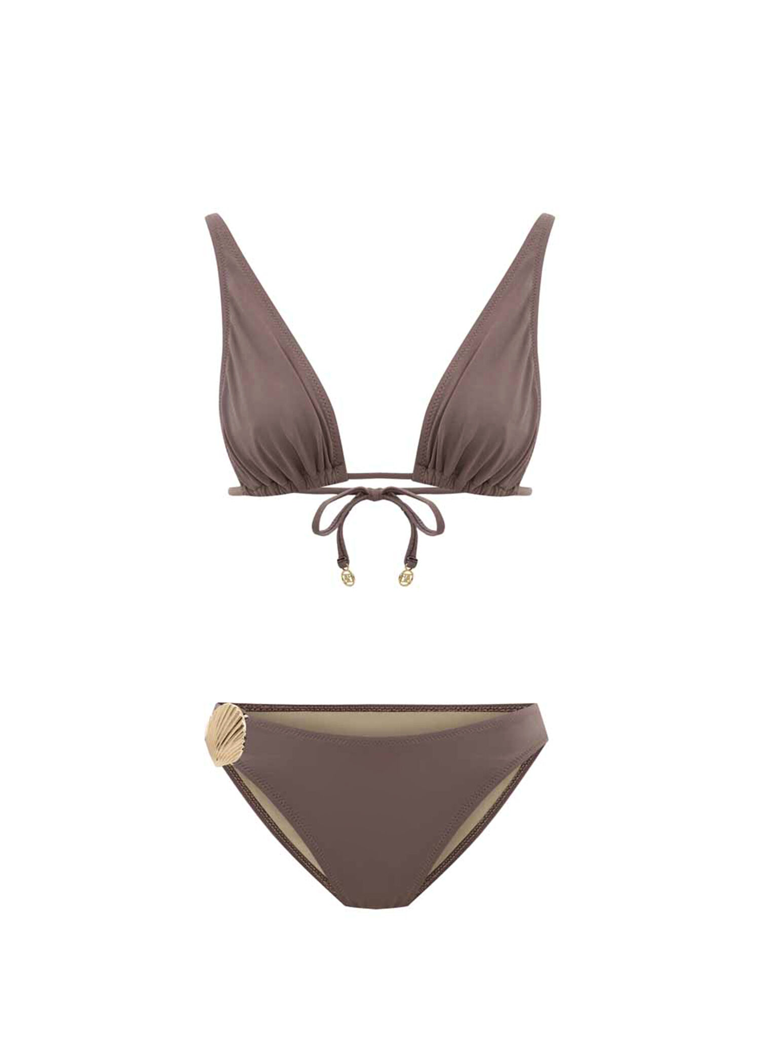 Coralisse Mocha Mousse Altın Deniz Kabuğu Aksesuarlı V Yaka Üçgen Kadın Bikini Takımı