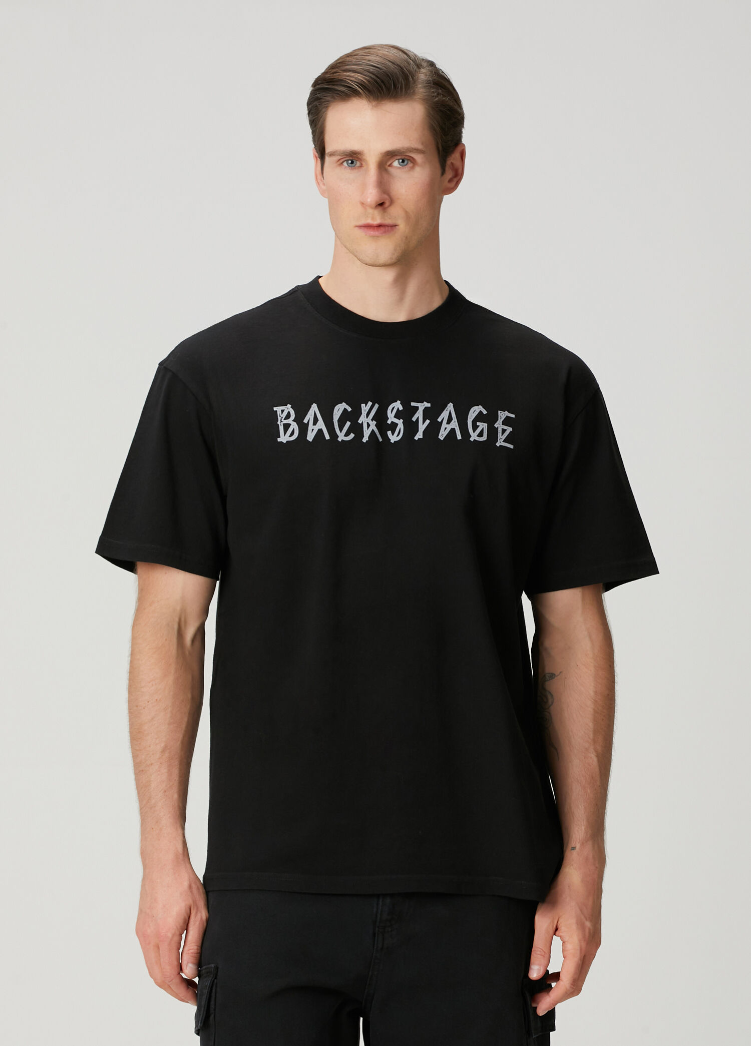 Siyah Slogan Baskılı T-shirt