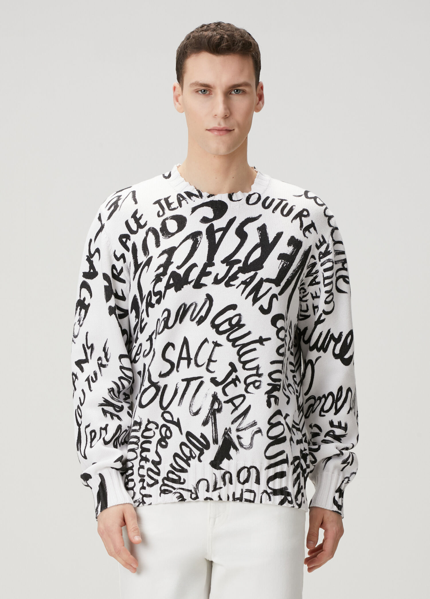Versace Jeans Couture - Siyah Beyaz Logo Jakarlı Kazak - Siyah-Beyaz