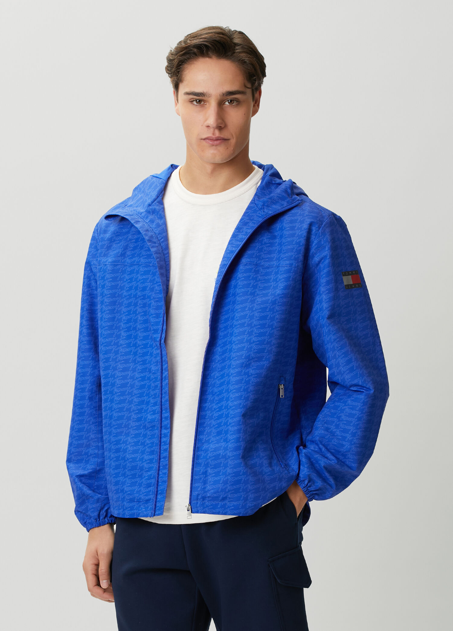 Blue Hooded Logo Print Jacket